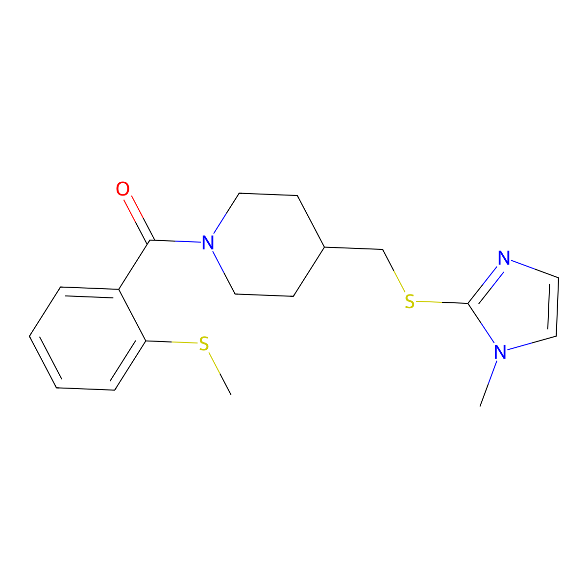 (4-(((1-methyl-1H-imidazol-2-yl)thio)methyl)piperidin-1-yl)(2-(methylthio)phenyl)methanone molecular structure, CAS 1428378-65-7
