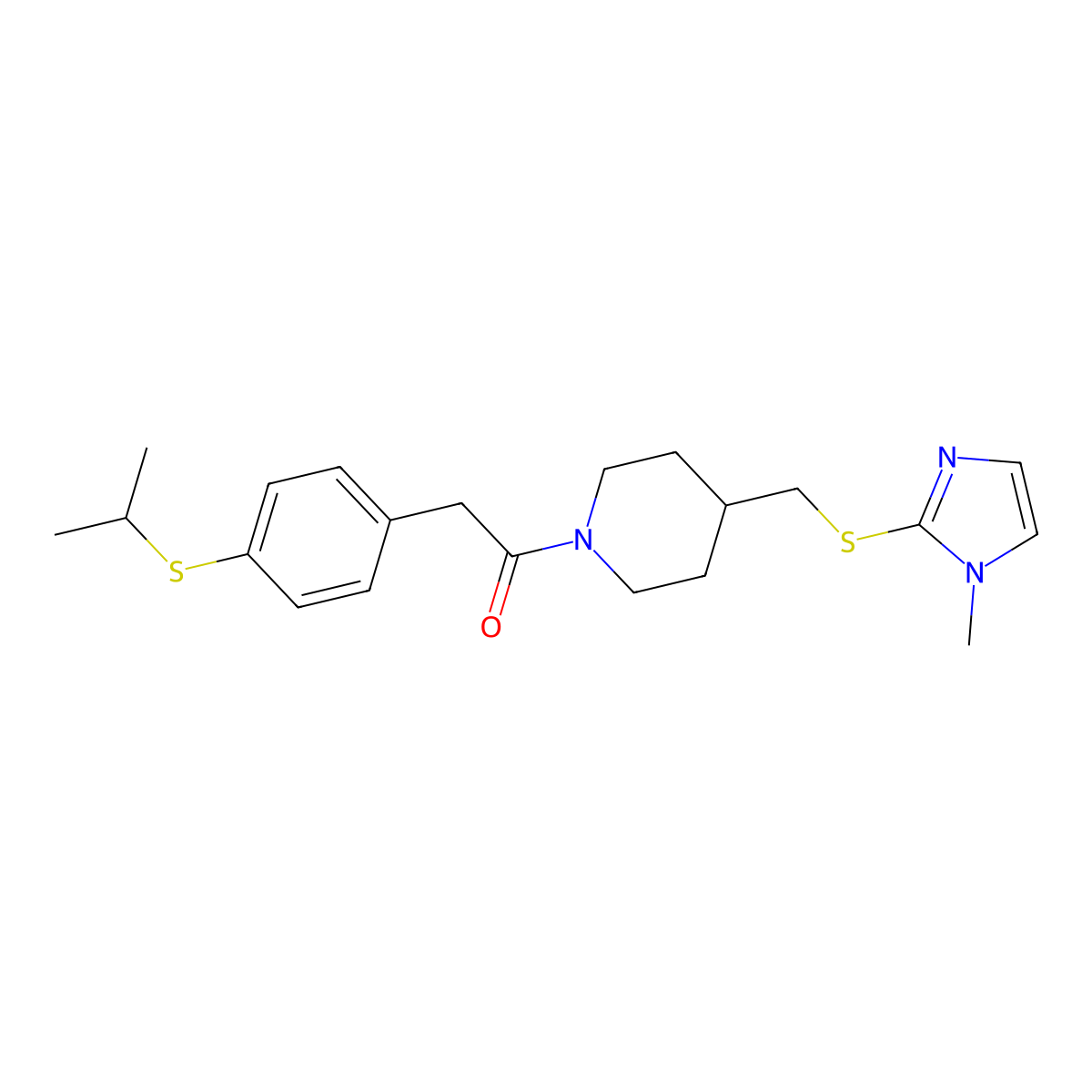 2-(4-(isopropylthio)phenyl)-1-(4-(((1-methyl-1H-imidazol-2-yl)thio)methyl)piperidin-1-yl)ethanone molecular structure, CAS 1428378-68-0