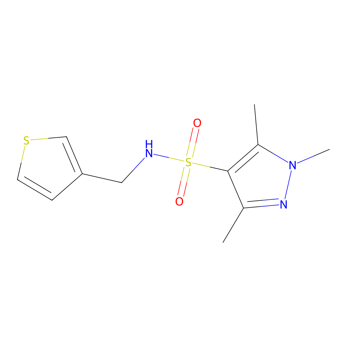 1,3,5-trimethyl-N-(thiophen-3-ylmethyl)-1H-pyrazole-4-sulfonamide molecular structure, CAS 1428378-73-7