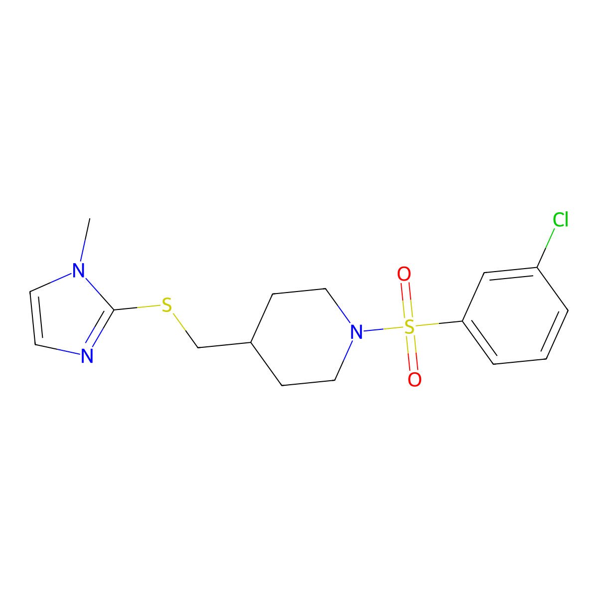 1-((3-chlorophenyl)sulfonyl)-4-(((1-methyl-1H-imidazol-2-yl)thio)methyl)piperidine molecular structure, CAS 1428378-74-8
