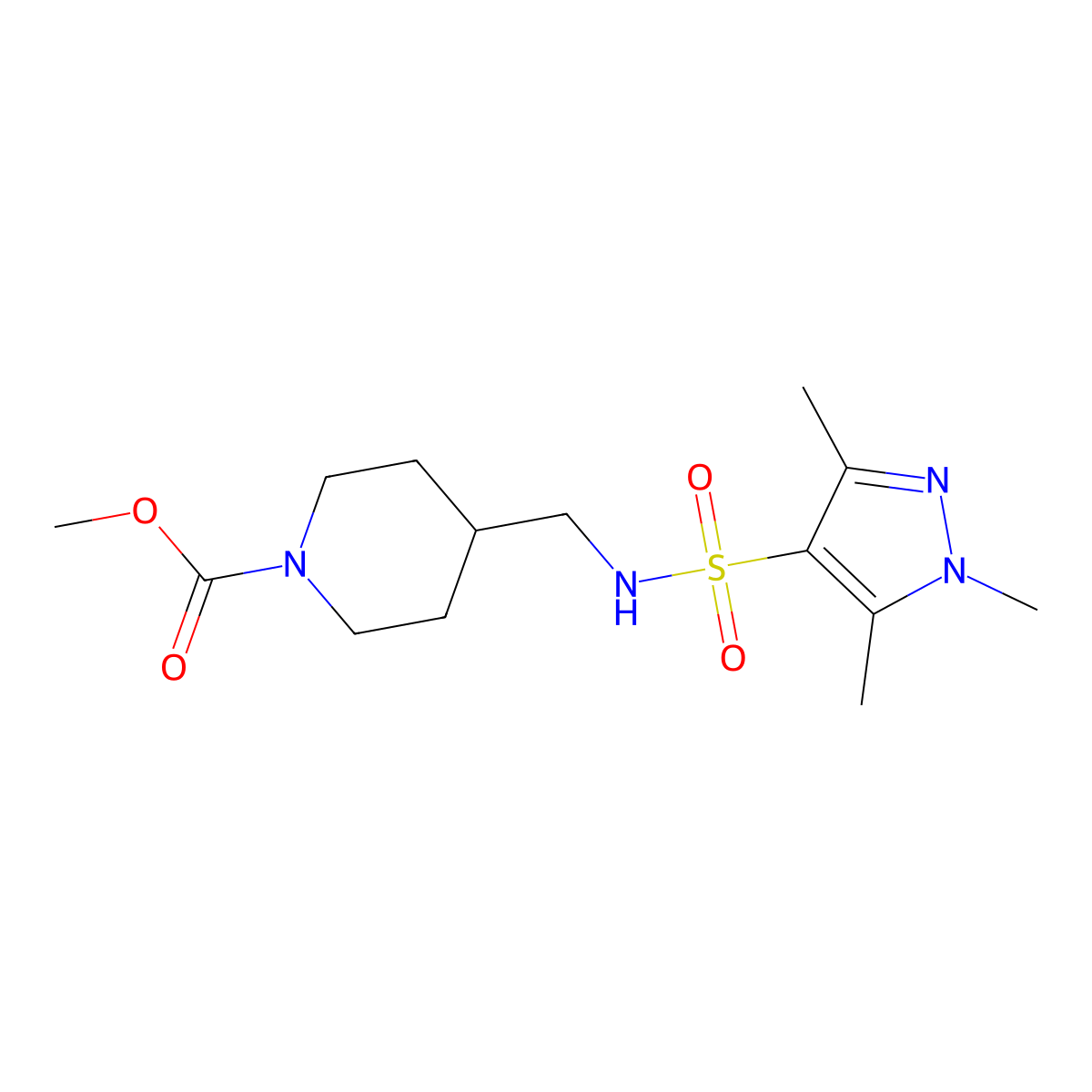 methyl 4-[(1,3,5-trimethyl-1H-pyrazole-4-sulfonamido)methyl]piperidine-1-carboxylate molecular structure, CAS 1428378-76-0