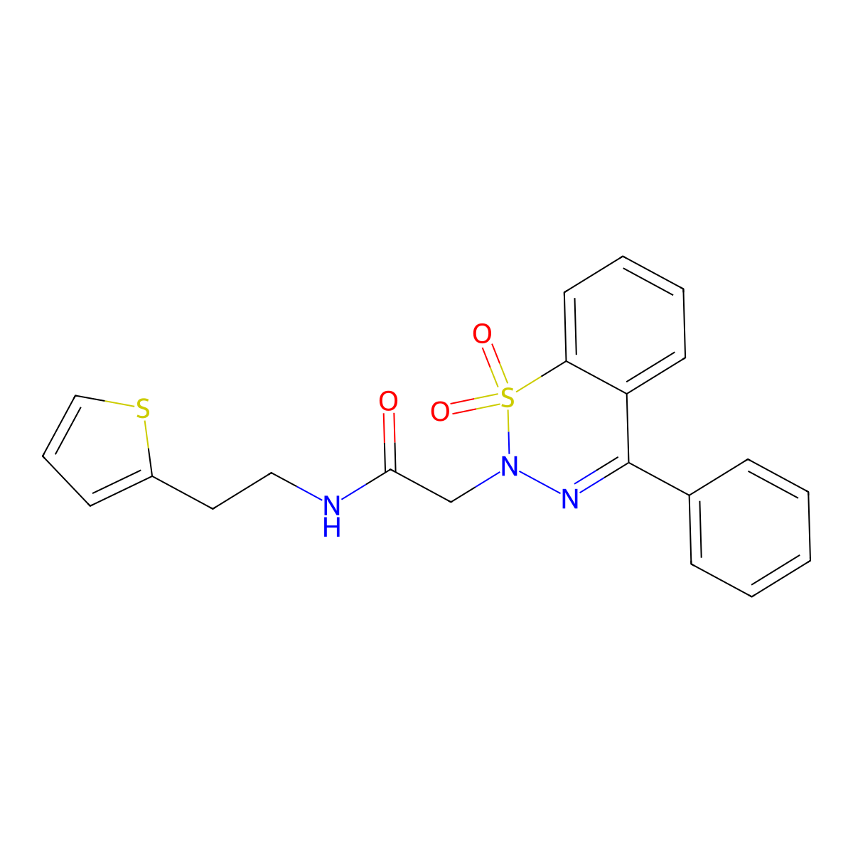 2-(1,1-dioxido-4-phenyl-2H-benzo[e][1,2,3]thiadiazin-2-yl)-N-(2-(thiophen-2-yl)ethyl)acetamide molecular structure, CAS 1428378-77-1