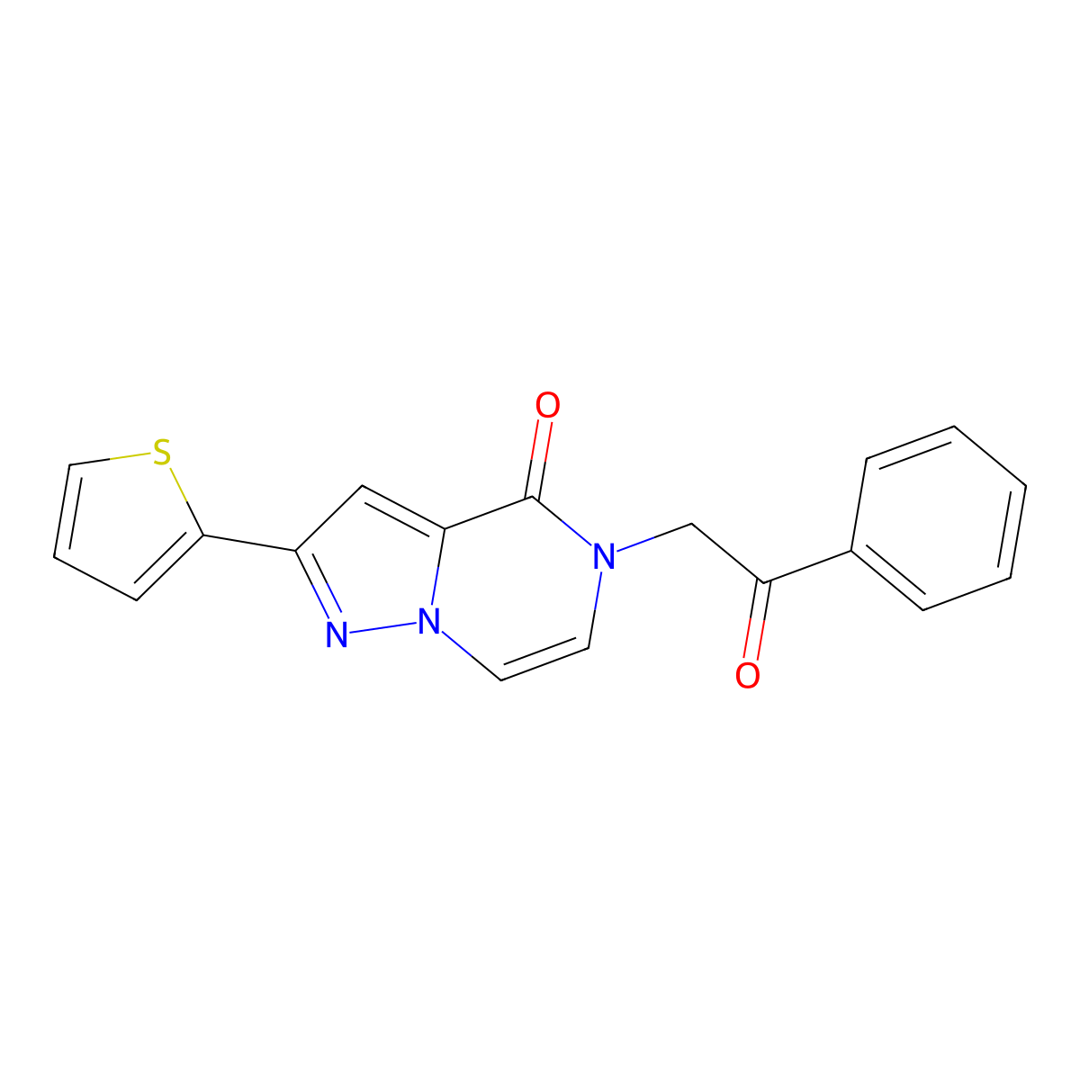 5-(2-oxo-2-phenylethyl)-2-(thiophen-2-yl)pyrazolo[1,5-a]pyrazin-4(5H)-one molecular structure, CAS 1428378-80-6