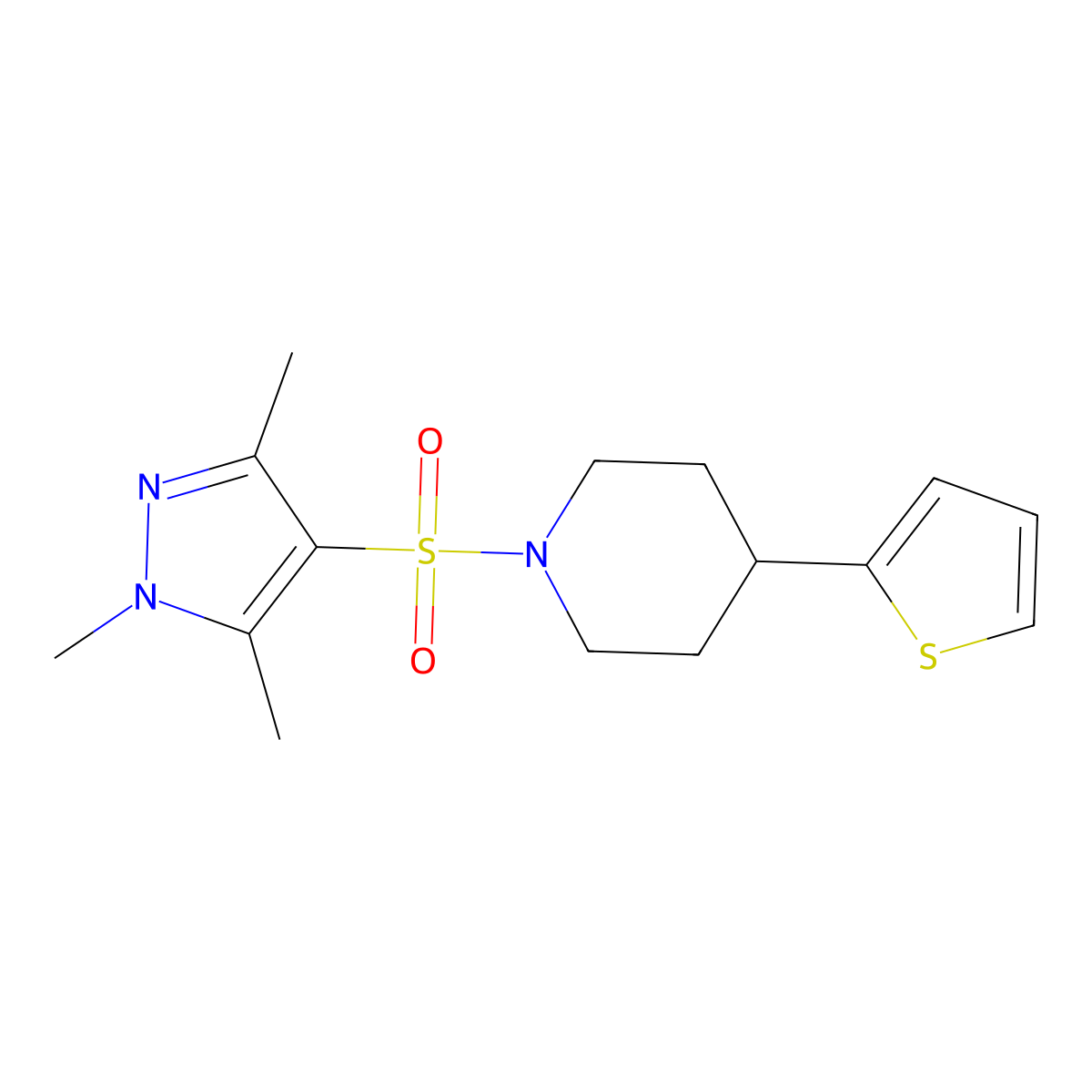 4-(thiophen-2-yl)-1-((1,3,5-trimethyl-1H-pyrazol-4-yl)sulfonyl)piperidine molecular structure, CAS 1428378-84-0
