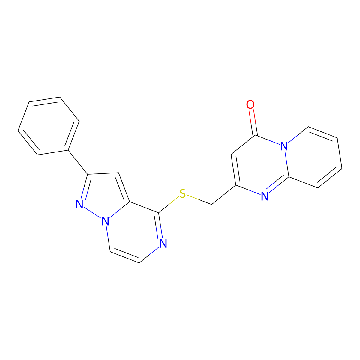 2-(((2-phenylpyrazolo[1,5-a]pyrazin-4-yl)thio)methyl)-4H-pyrido[1,2-a]pyrimidin-4-one molecular structure, CAS 1428378-85-1
