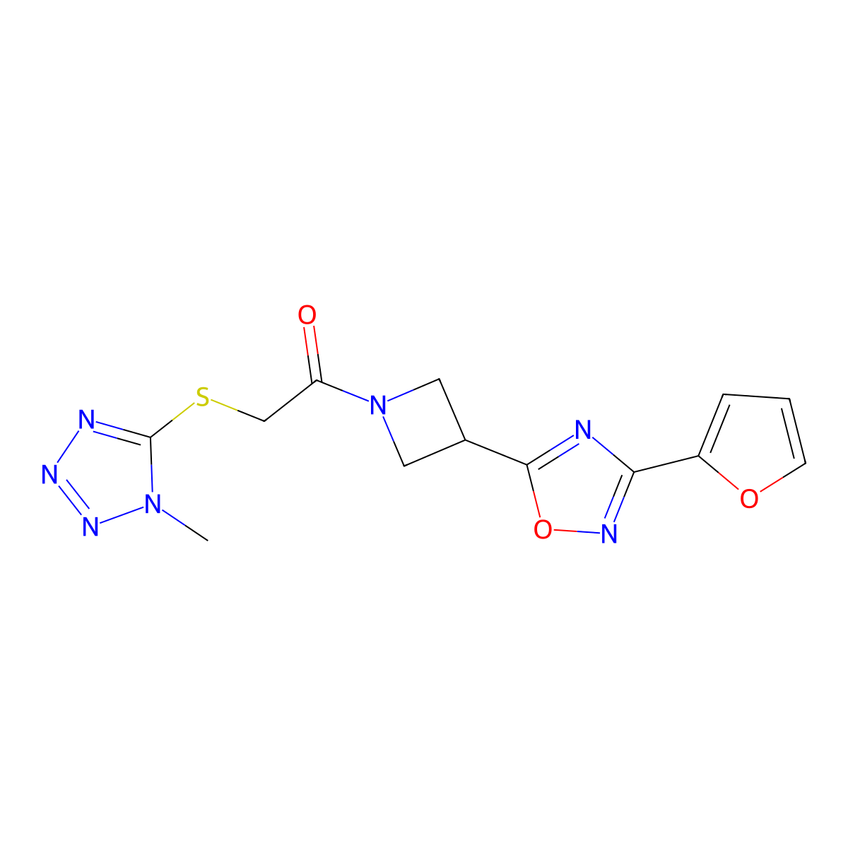 1-(3-(3-(furan-2-yl)-1,2,4-oxadiazol-5-yl)azetidin-1-yl)-2-((1-methyl-1H-tetrazol-5-yl)thio)ethanone molecular structure, CAS 1428378-93-1