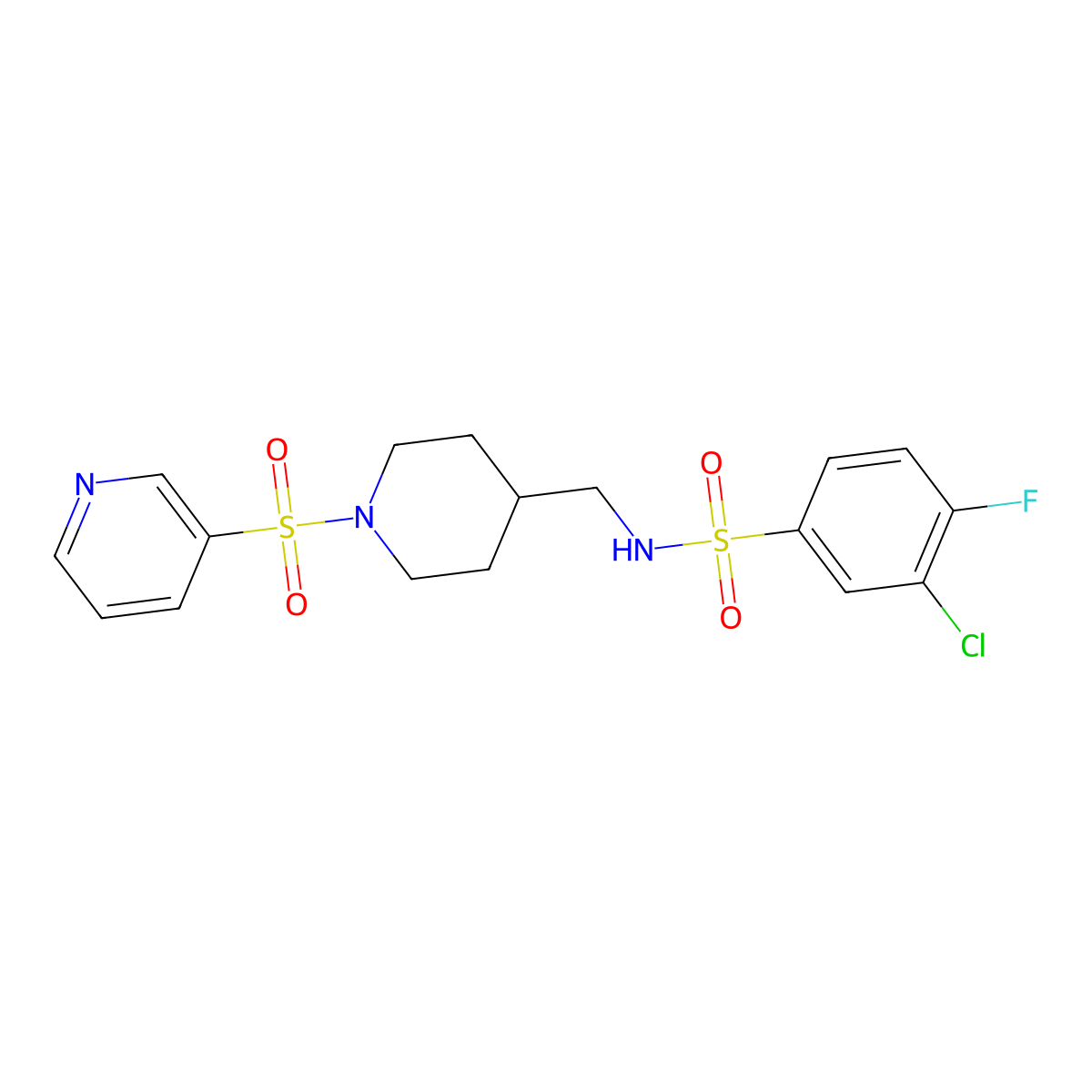 3-chloro-4-fluoro-N-((1-(pyridin-3-ylsulfonyl)piperidin-4-yl)methyl)benzenesulfonamide molecular structure, CAS 1428379-49-0