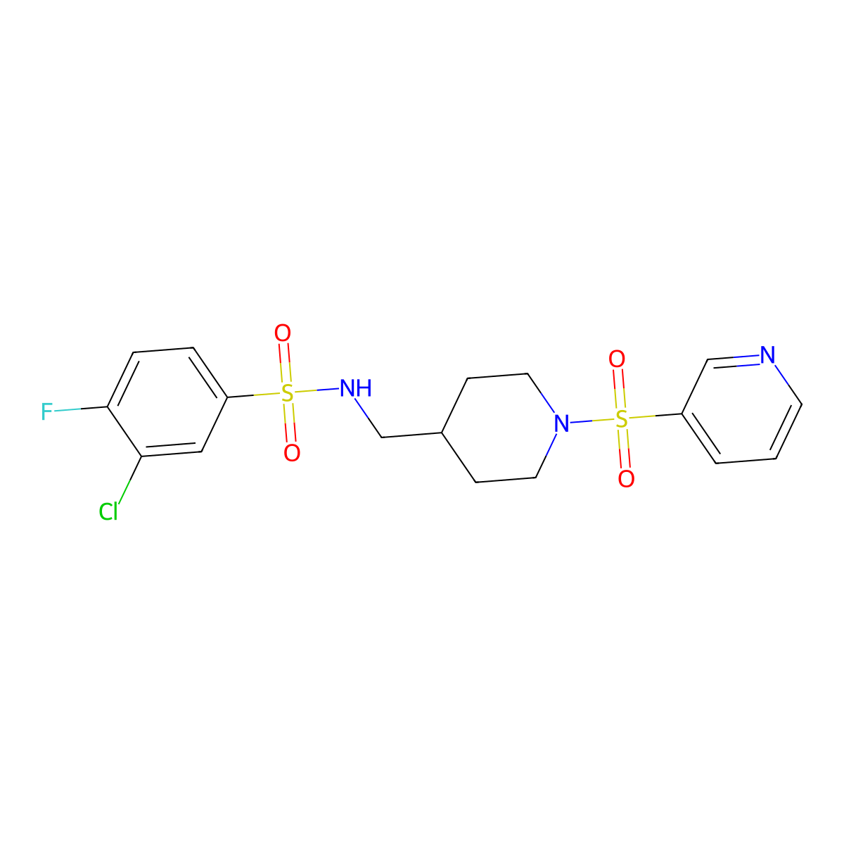 3-chloro-4-fluoro-N-((1-(pyridin-3-ylsulfonyl)piperidin-4-yl)methyl)benzenesulfonamide molecular structure, CAS 1428379-49-0