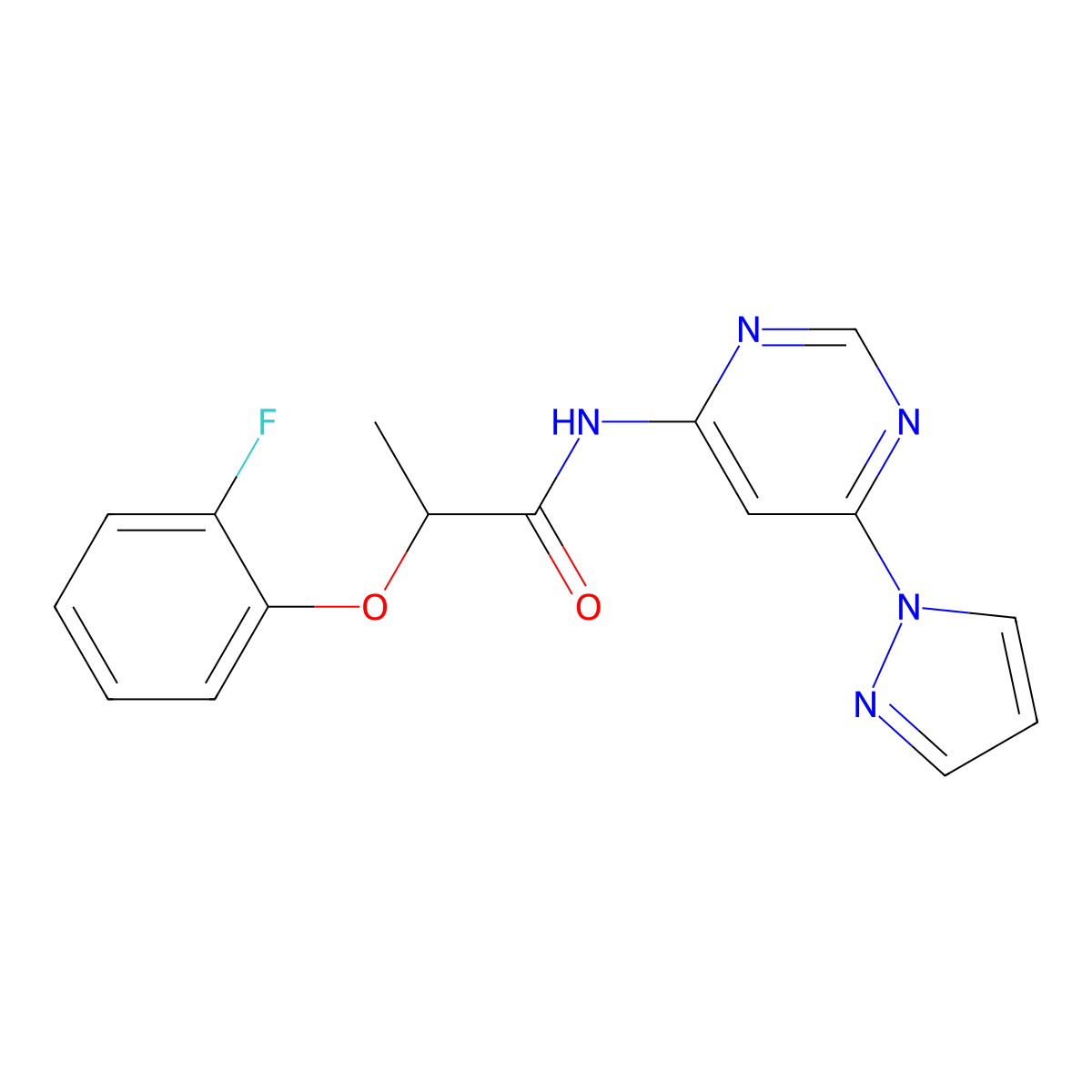 N-(6-(1H-pyrazol-1-yl)pyrimidin-4-yl)-2-(2-fluorophenoxy)propanamide molecular structure, CAS 1428379-65-0