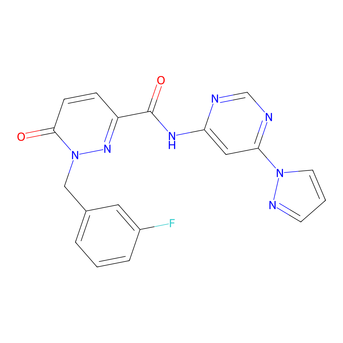 N-(6-(1H-pyrazol-1-yl)pyrimidin-4-yl)-1-(3-fluorobenzyl)-6-oxo-1,6-dihydropyridazine-3-carboxamide molecular structure, CAS 1428379-67-2