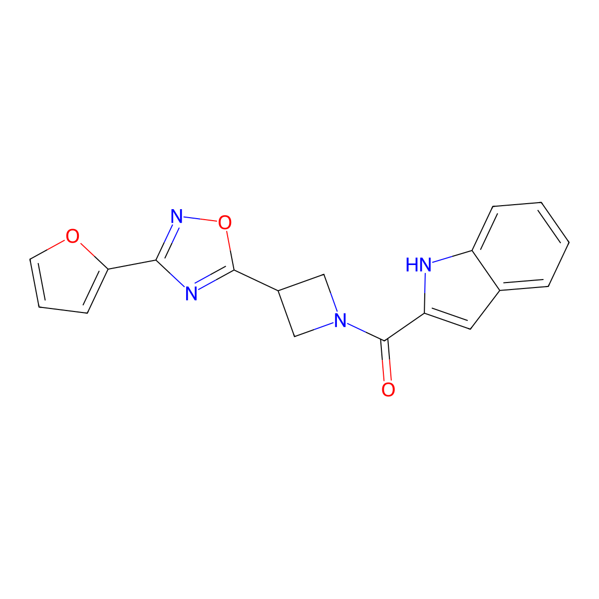 (3-(3-(furan-2-yl)-1,2,4-oxadiazol-5-yl)azetidin-1-yl)(1H-indol-2-yl)methanone molecular structure, CAS 1428379-87-6