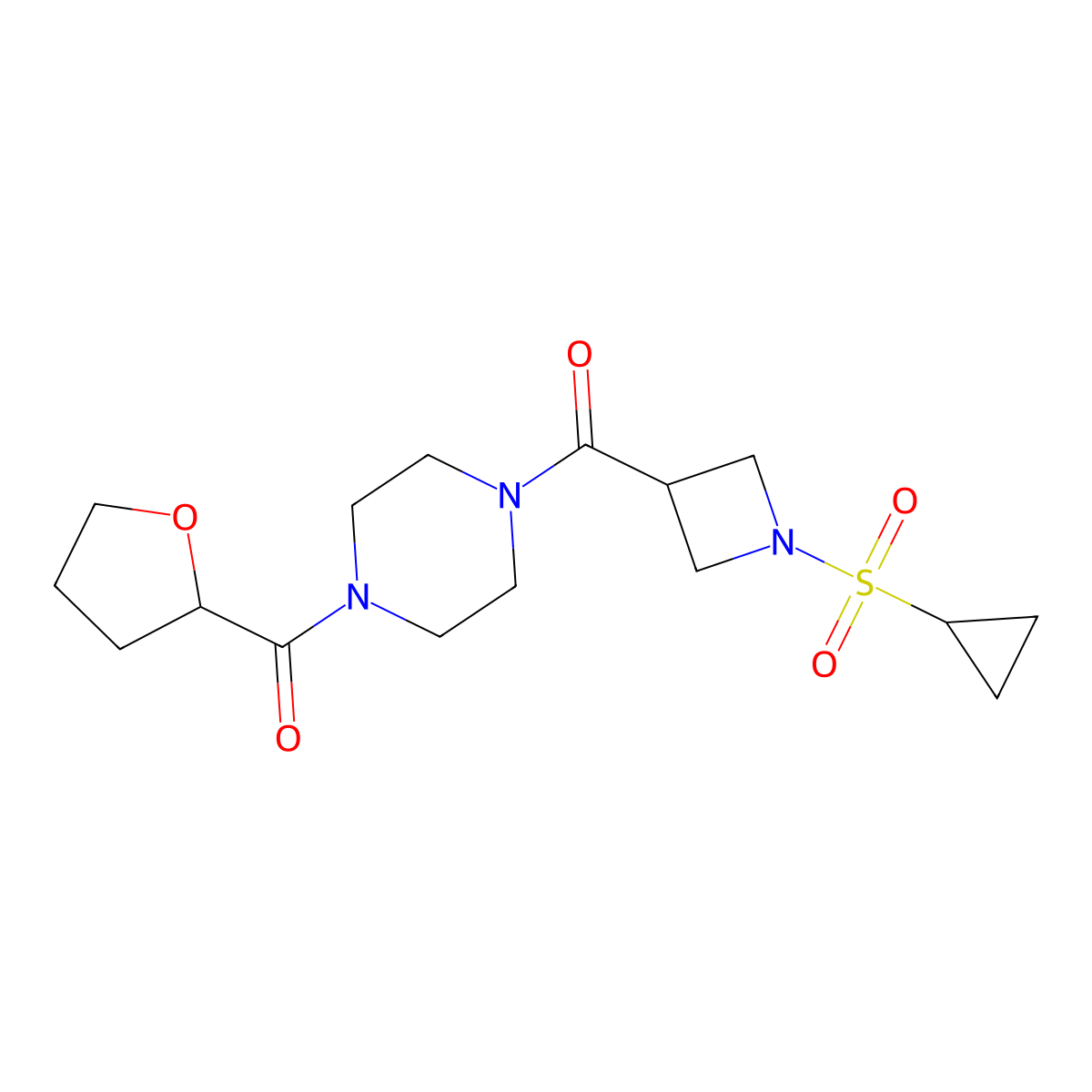 (1-(Cyclopropylsulfonyl)azetidin-3-yl)(4-(tetrahydrofuran-2-carbonyl)piperazin-1-yl)methanone molecular structure, CAS 1428380-01-1