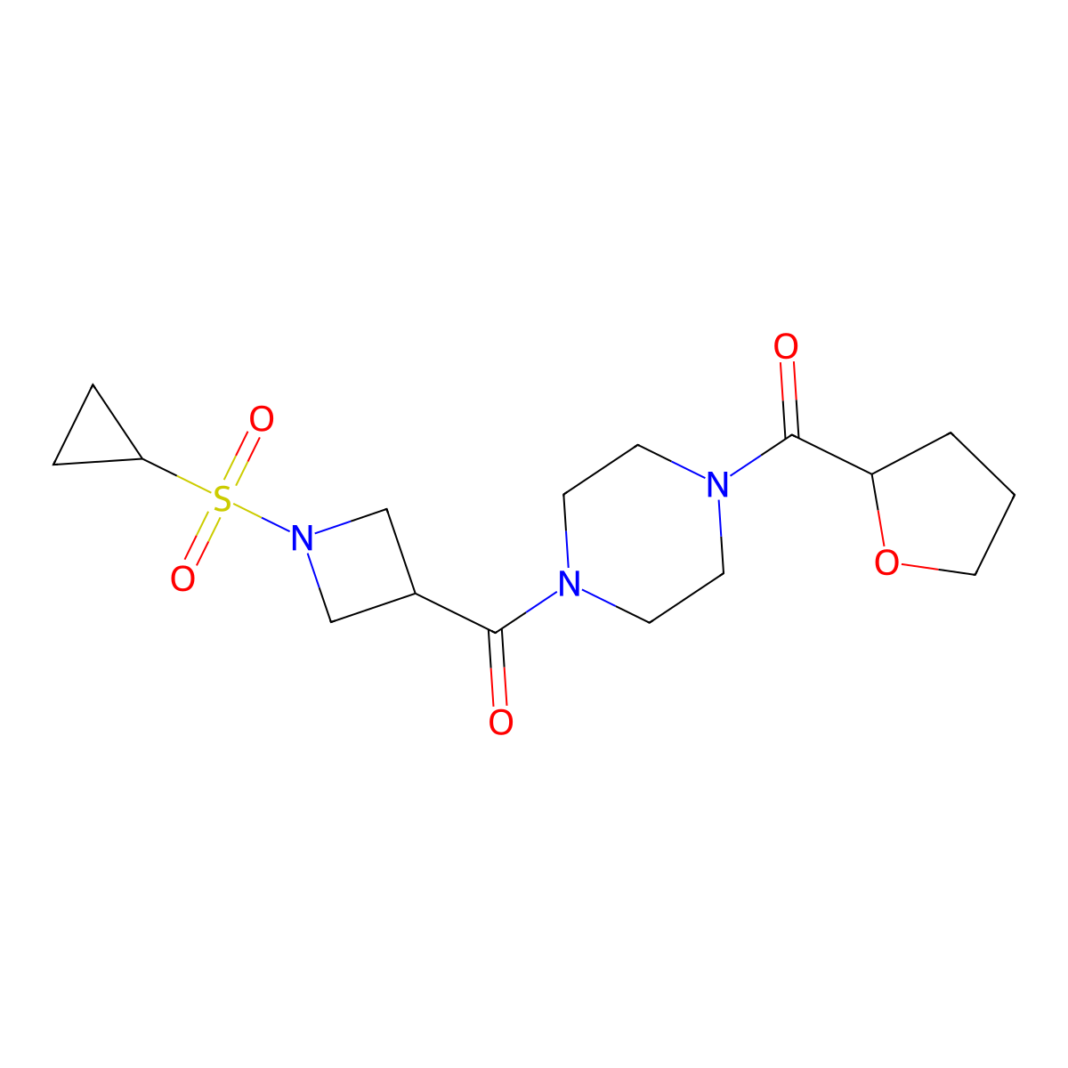 (1-(Cyclopropylsulfonyl)azetidin-3-yl)(4-(tetrahydrofuran-2-carbonyl)piperazin-1-yl)methanone molecular structure, CAS 1428380-01-1