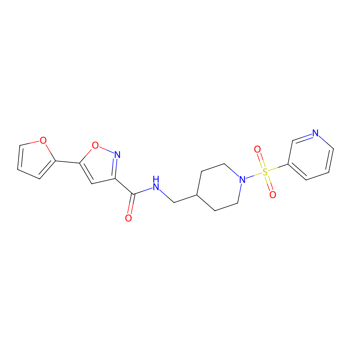 5-(furan-2-yl)-N-((1-(pyridin-3-ylsulfonyl)piperidin-4-yl)methyl)isoxazole-3-carboxamide molecular structure, CAS 1428380-07-7