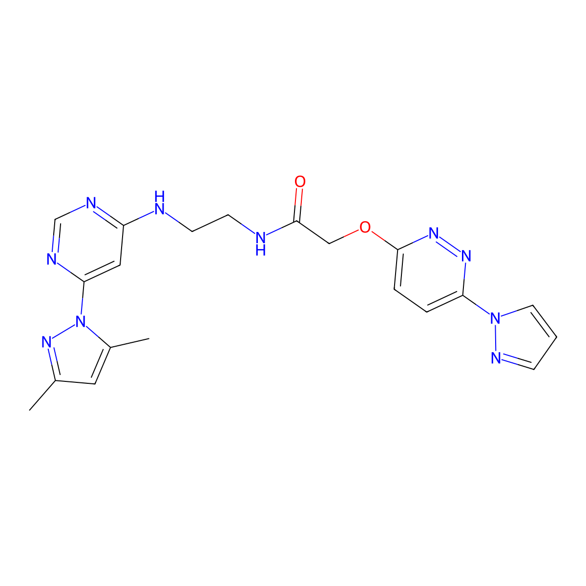 2-((6-(1H-pyrazol-1-yl)pyridazin-3-yl)oxy)-N-(2-((6-(3,5-dimethyl-1H-pyrazol-1-yl)pyrimidin-4-yl)amino)ethyl)acetamide molecular structure, CAS 1428380-30-6