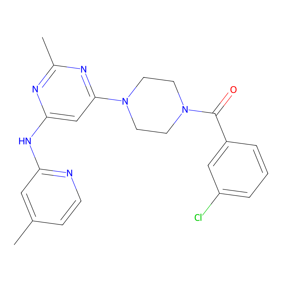 (3-Chlorophenyl)(4-(2-methyl-6-((4-methylpyridin-2-yl)amino)pyrimidin-4-yl)piperazin-1-yl)methanone molecular structure, CAS 1428380-34-0