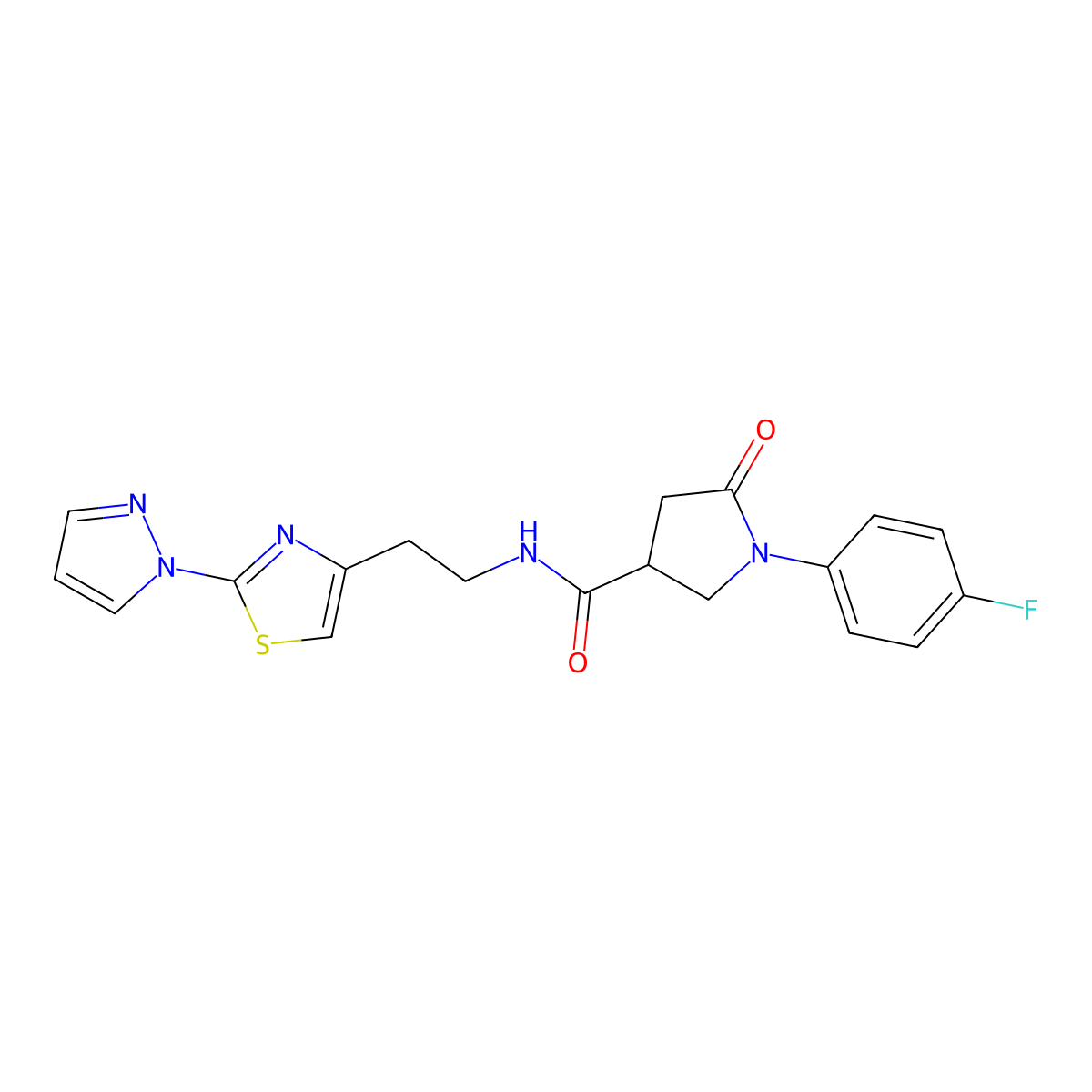 N-(2-(2-(1H-pyrazol-1-yl)thiazol-4-yl)ethyl)-1-(4-fluorophenyl)-5-oxopyrrolidine-3-carboxamide molecular structure, CAS 1428380-42-0