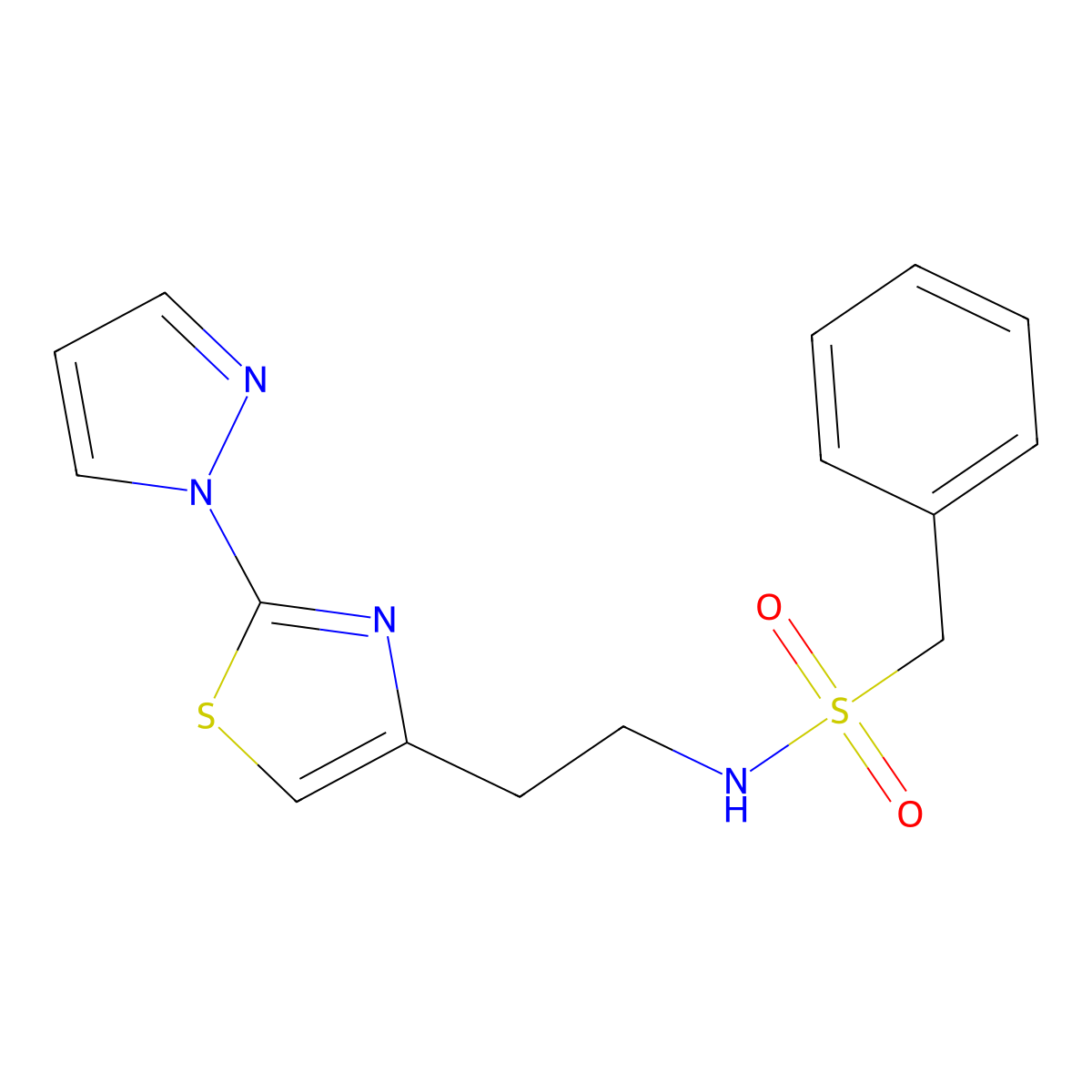 N-(2-(2-(1H-pyrazol-1-yl)thiazol-4-yl)ethyl)-1-phenylmethanesulfonamide molecular structure, CAS 1428380-44-2
