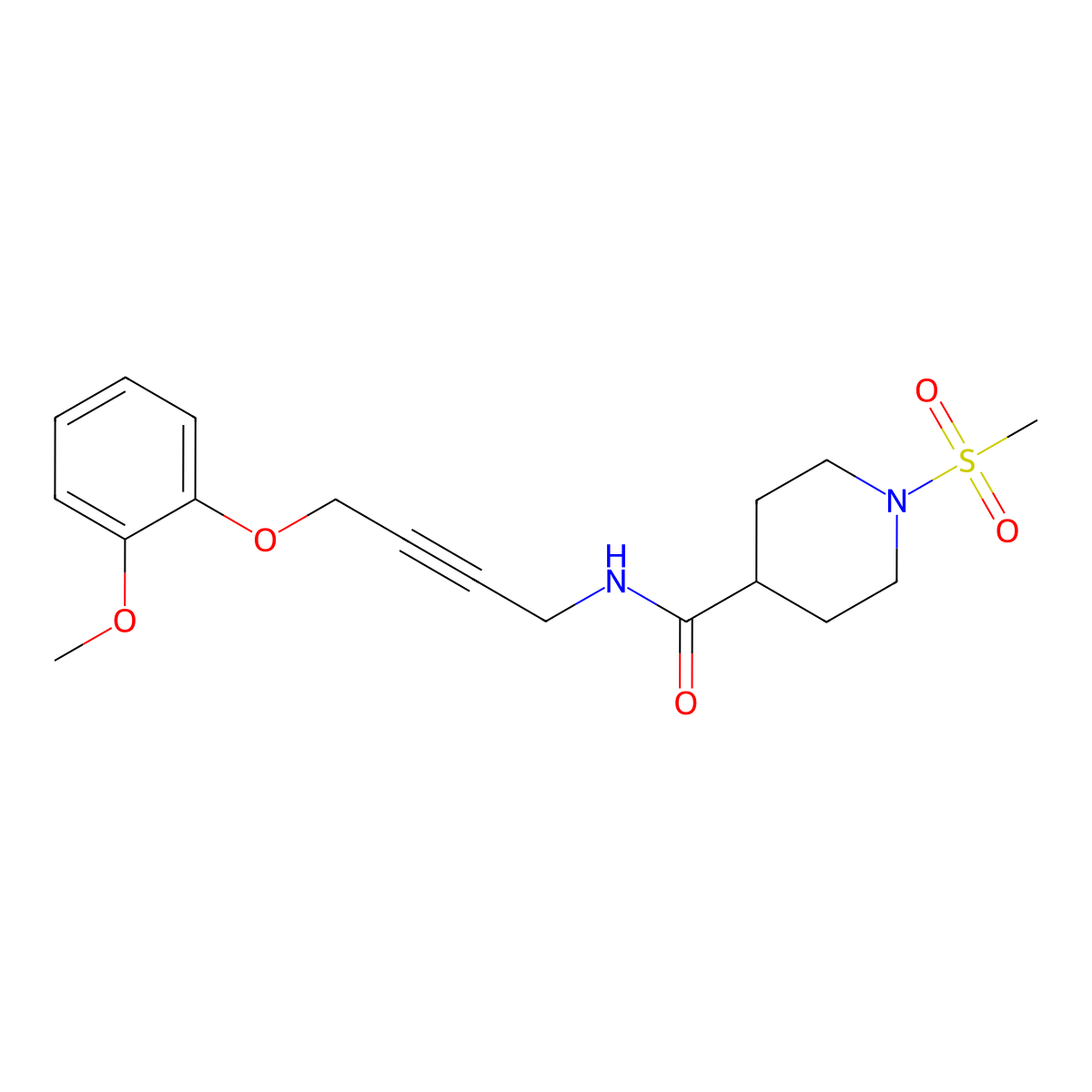 N-(4-(2-methoxyphenoxy)but-2-yn-1-yl)-1-(methylsulfonyl)piperidine-4-carboxamide molecular structure, CAS 1428380-49-7