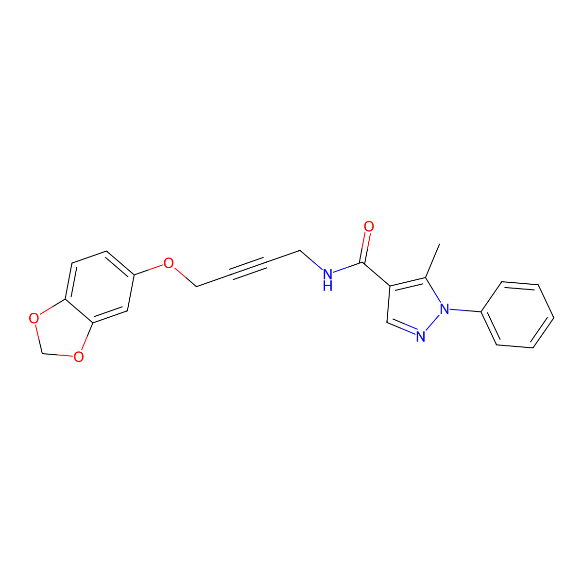 N-(4-(benzo[d][1,3]dioxol-5-yloxy)but-2-yn-1-yl)-5-methyl-1-phenyl-1H-pyrazole-4-carboxamide molecular structure, CAS 1428380-51-1
