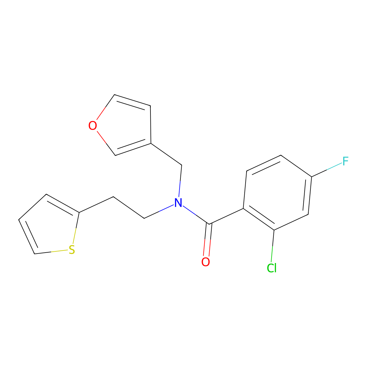 2-chloro-4-fluoro-N-(furan-3-ylmethyl)-N-(2-(thiophen-2-yl)ethyl)benzamide molecular structure, CAS 1428380-56-6