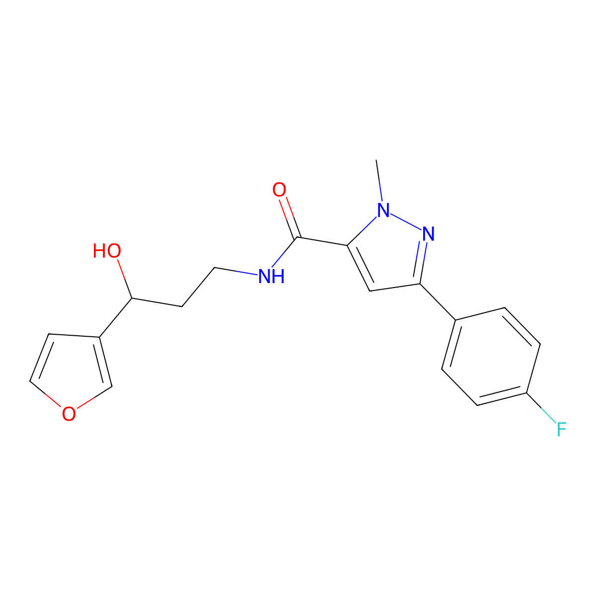 3-(4-fluorophenyl)-N-[3-(furan-3-yl)-3-hydroxypropyl]-1-methyl-1H-pyrazole-5-carboxamide molecular structure, CAS 1428380-61-3