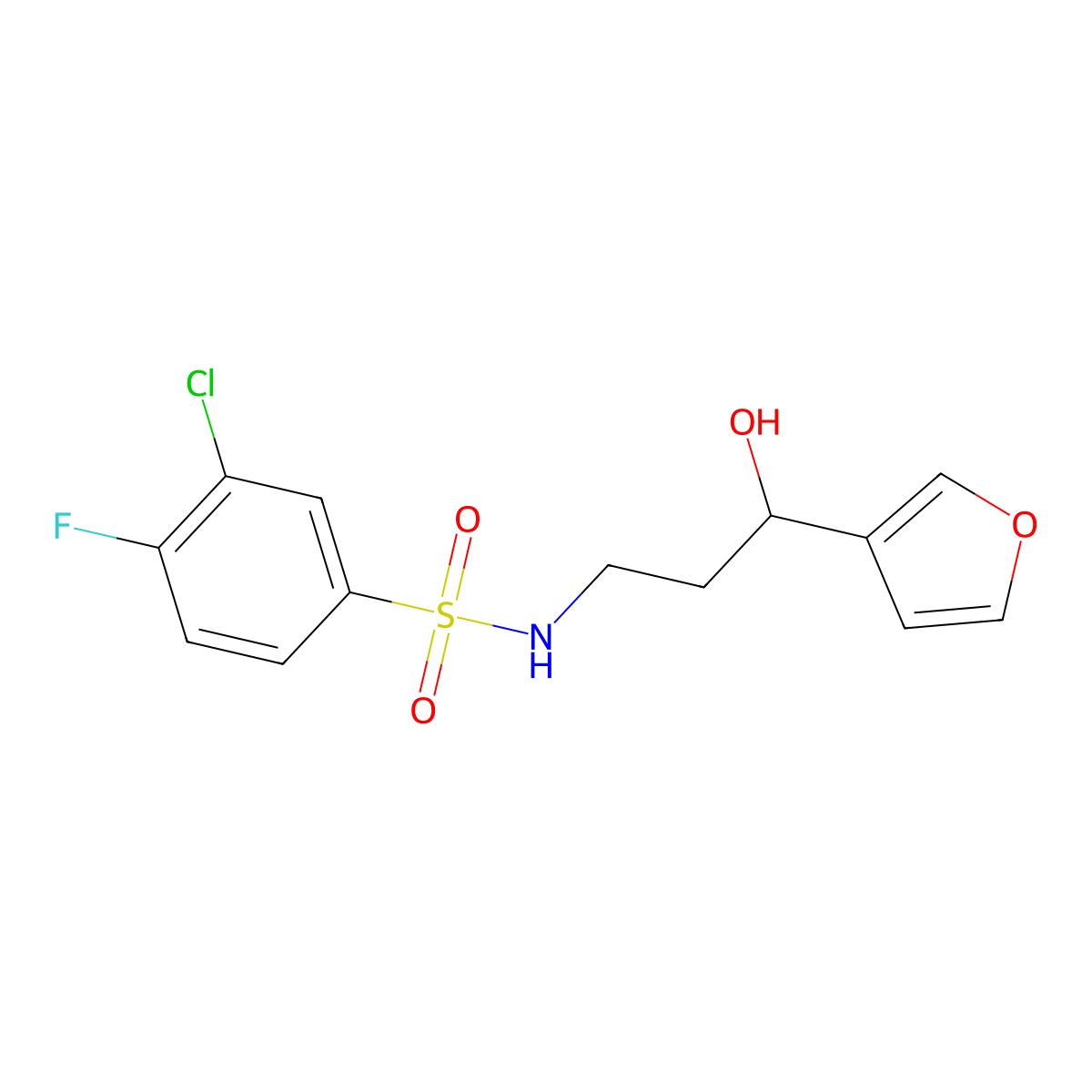 3-chloro-4-fluoro-N-(3-(furan-3-yl)-3-hydroxypropyl)benzenesulfonamide molecular structure, CAS 1428380-62-4