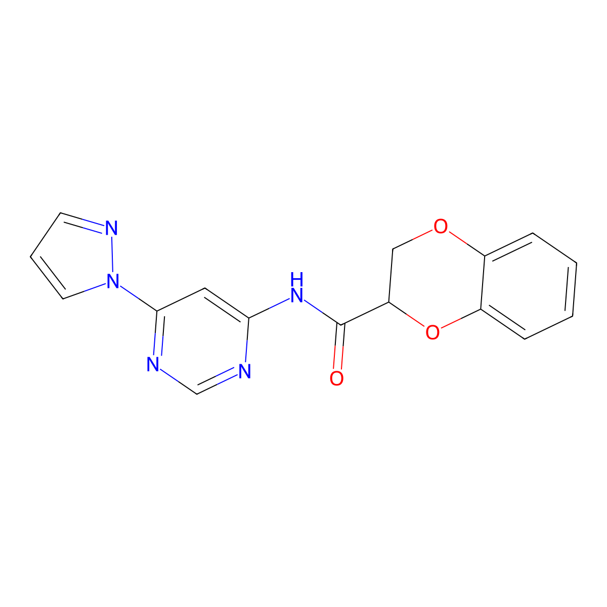 N-(6-(1H-pyrazol-1-yl)pyrimidin-4-yl)-2,3-dihydrobenzo[b][1,4]dioxine-2-carboxamide molecular structure, CAS 1428380-71-5