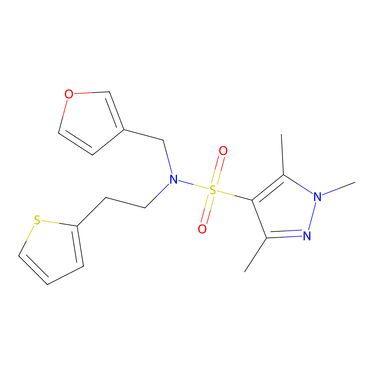 N-(furan-3-ylmethyl)-1,3,5-trimethyl-N-(2-(thiophen-2-yl)ethyl)-1H-pyrazole-4-sulfonamide molecular structure, CAS 1428380-79-3