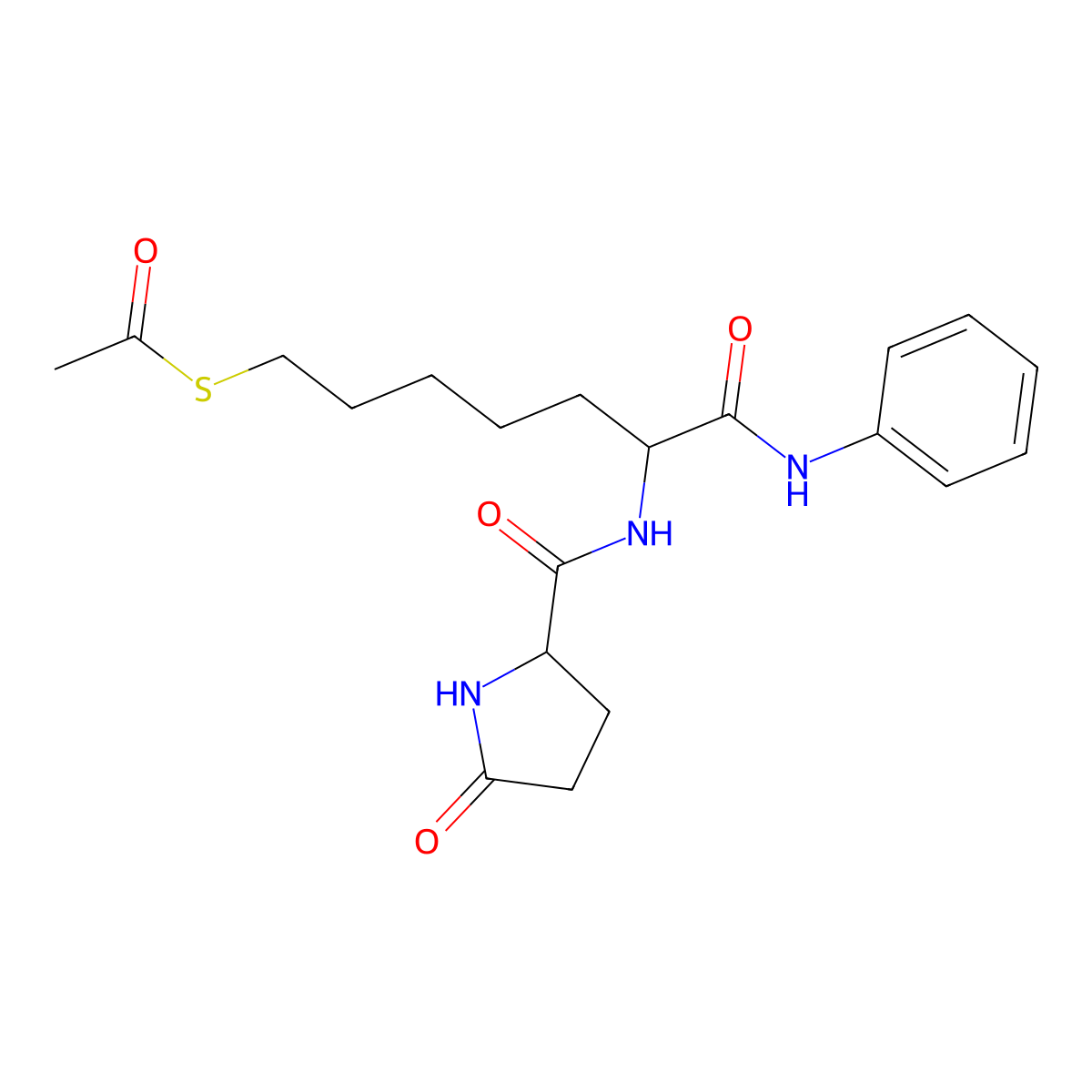 S-((S)-7-Oxo-6-((R)-5-oxopyrrolidine-2-carboxamido)-7-(phenylamino)heptyl) ethanethioate molecular structure, CAS 1428535-92-5