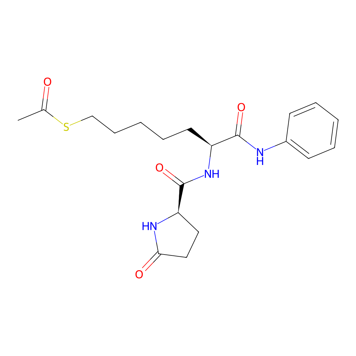 S-((S)-7-Oxo-6-((R)-5-oxopyrrolidine-2-carboxamido)-7-(phenylamino)heptyl) ethanethioate molecular structure, CAS 1428535-92-5