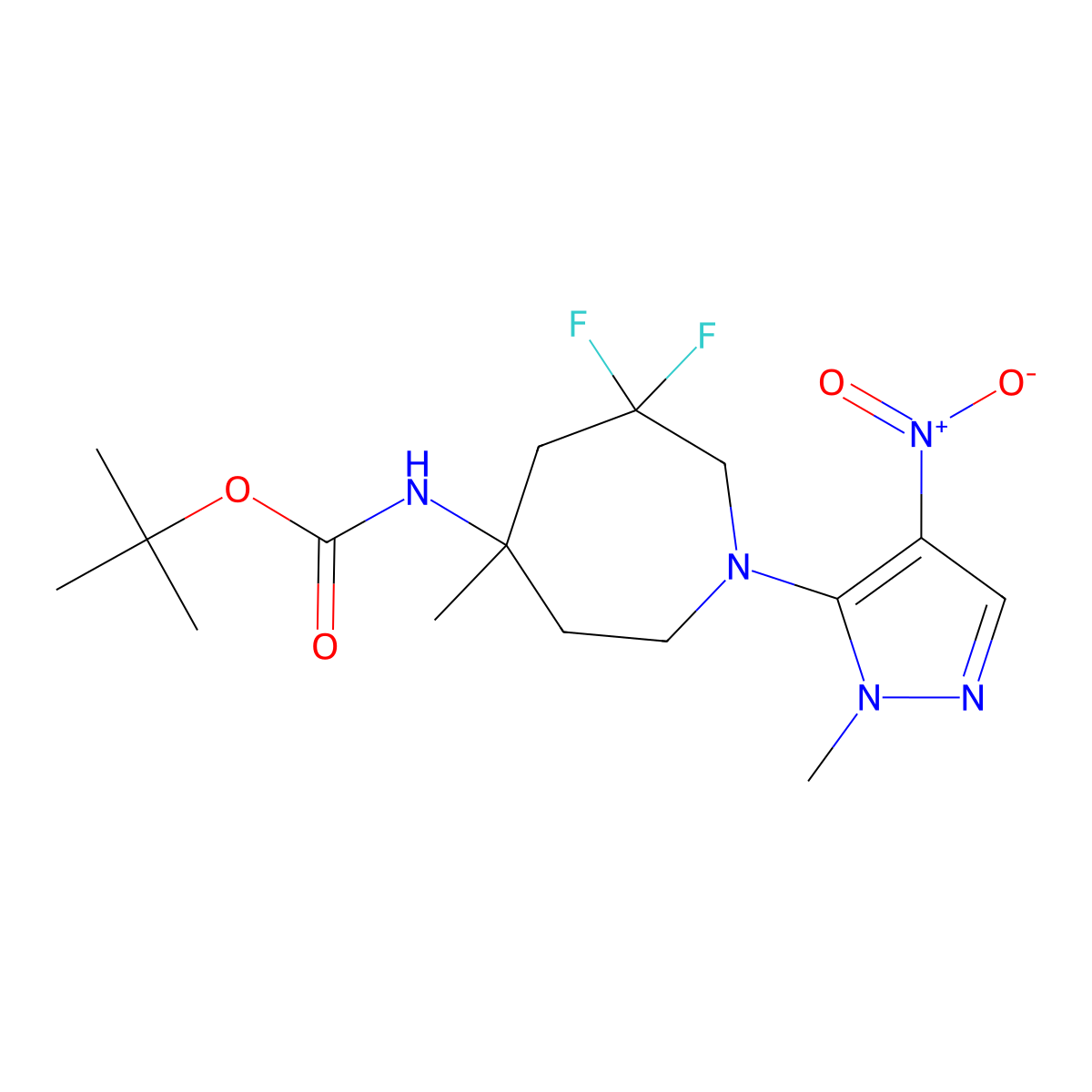 (R)-tert-Butyl (6,6-difluoro-4-methyl-1-(1-methyl-4-nitro-1H-pyrazol-5-yl)azepan-4-yl)carbamate molecular structure, CAS 1428577-12-1