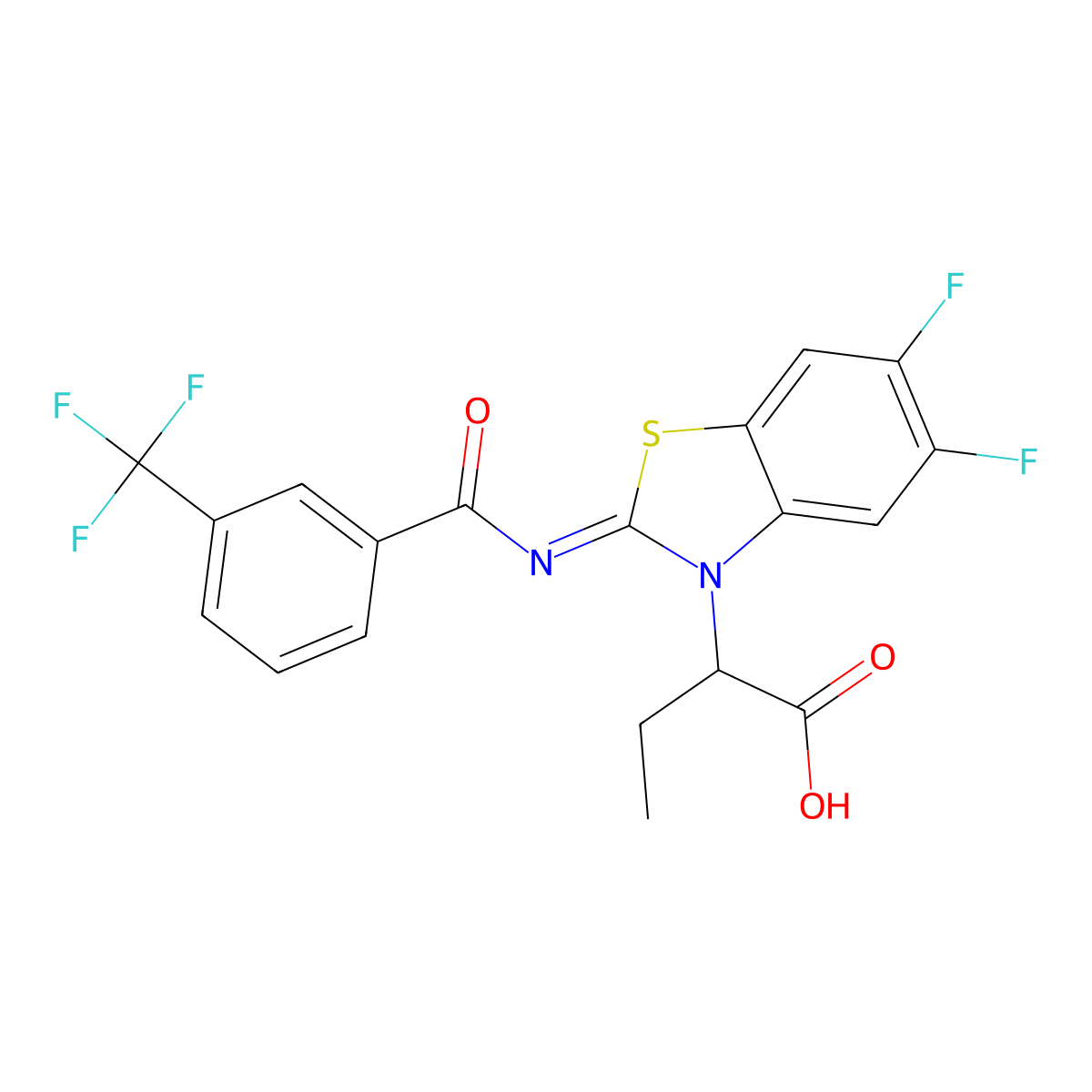 2-(5,6-Difluoro-2-((3-(trifluoromethyl)benzoyl)imino)benzo[d]thiazol-3(2H)-yl)butanoic acid molecular structure, CAS 1428623-14-6