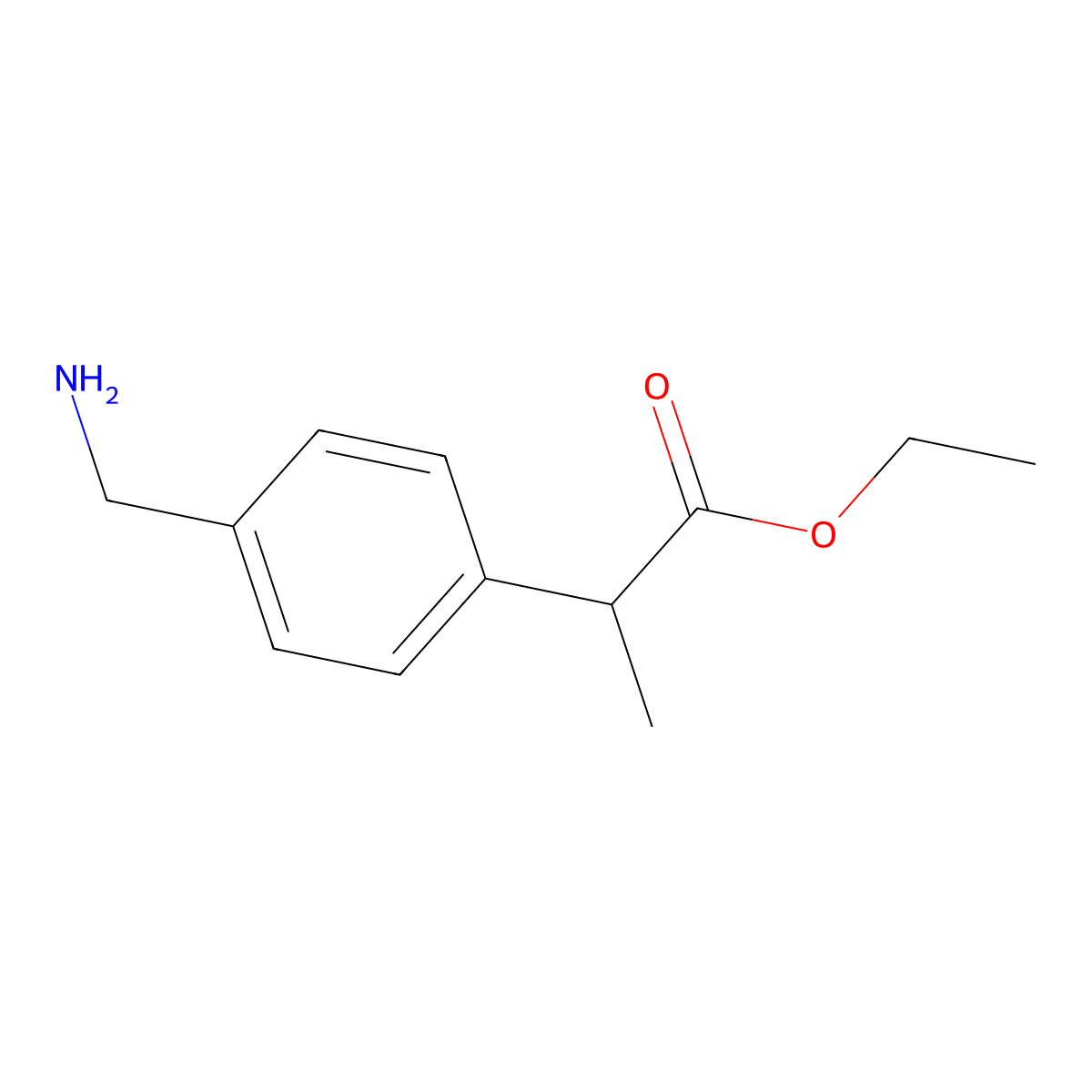 Ethyl 2-[4-(aminomethyl)phenyl]propanoate molecular structure, CAS 1428765-50-7