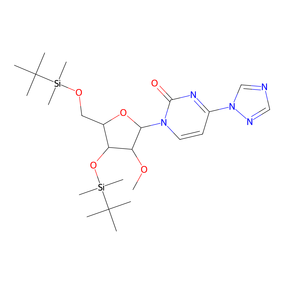 1-((2R,3R,4R,5R)-4-((tert-Butyldimethylsilyl)oxy)-5-(((tert-butyldimethylsilyl)oxy)methyl)-3-methoxytetrahydrofuran-2-yl)-4-(1H-1,2,4-triazol-1-yl)pyrimidin-2(1H)-one molecular structure, CAS 1428902-86-6