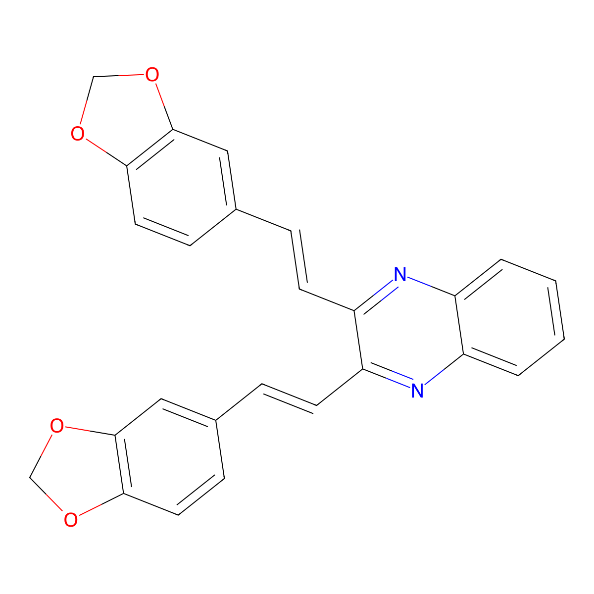 Quinoxaline, 2,3-bis[2-(1,3-benzodioxol-5-yl)ethenyl]- molecular structure, CAS 142891-04-1