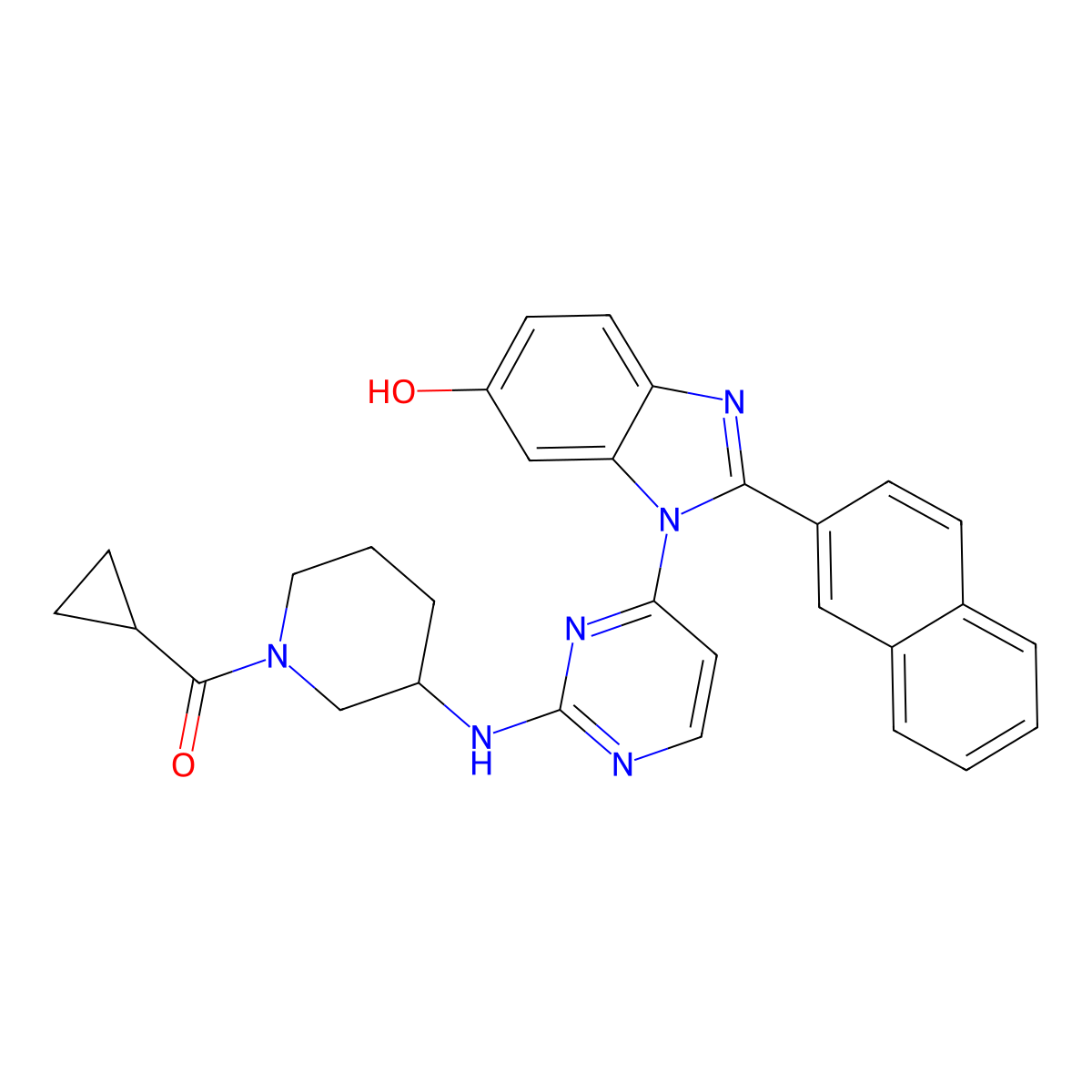 Cyclopropyl[(3r)-3-({4-[6-Hydroxy-2-(Naphthalen-2-Yl)-1h-Benzimidazol-1-Yl]pyrimidin-2-Yl}amino)piperidin-1-Yl]methanone molecular structure, CAS 1428959-17-4