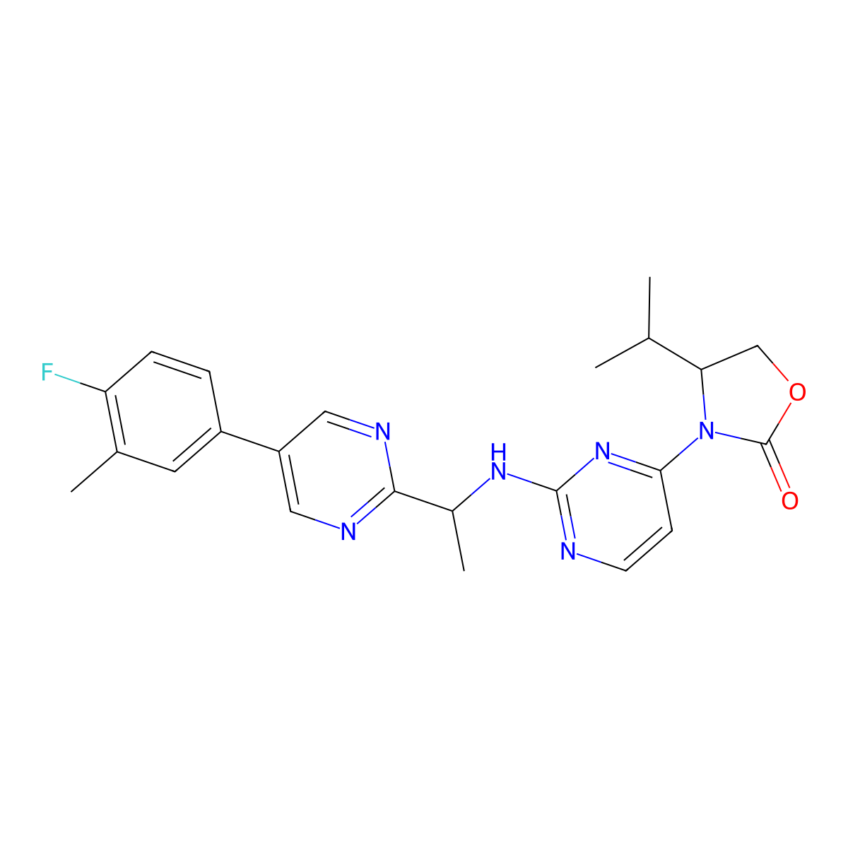 (S)-3-(2-(((S)-1-(5-(4-Fluoro-3-methylphenyl)pyrimidin-2-YL)ethyl)amino)pyrimidin-4-YL)-4-isopropyloxazolidin-2-one molecular structure, CAS 1429179-07-6