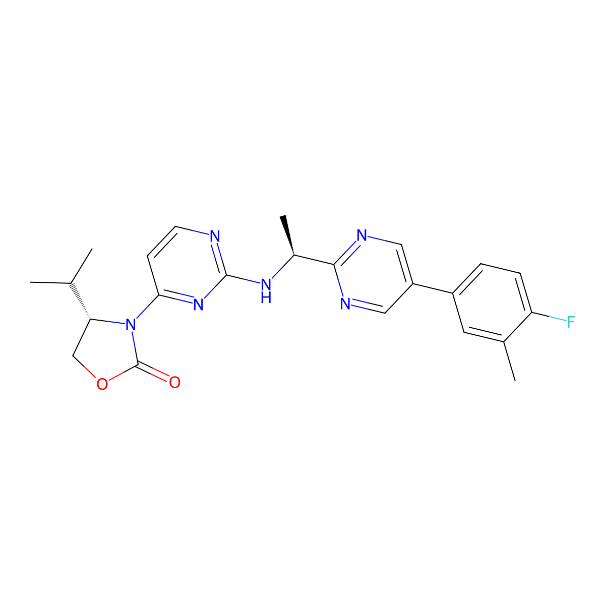 (S)-3-(2-(((S)-1-(5-(4-Fluoro-3-methylphenyl)pyrimidin-2-YL)ethyl)amino)pyrimidin-4-YL)-4-isopropyloxazolidin-2-one molecular structure, CAS 1429179-07-6