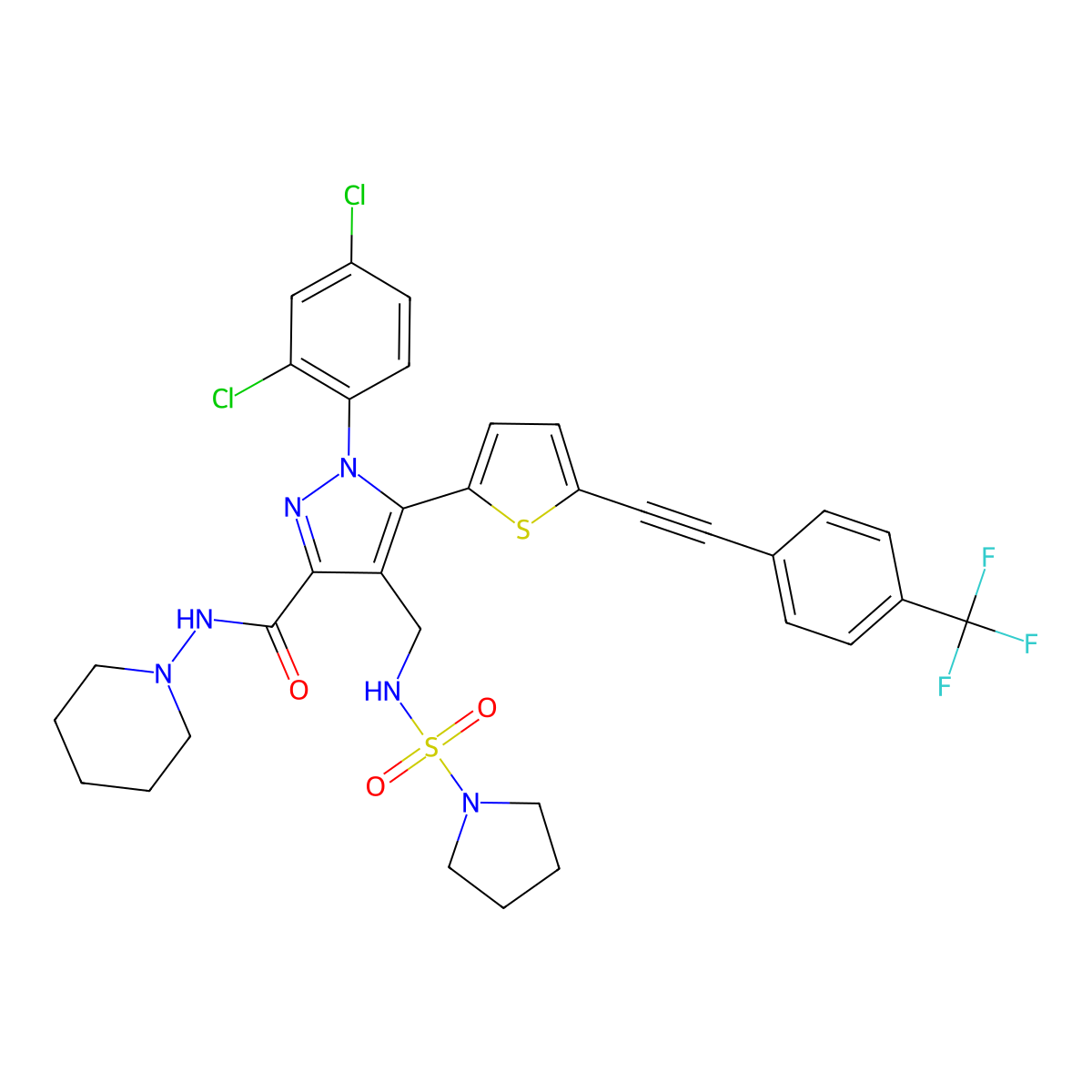 1-(2,4-Dichlorophenyl)-N-1-piperidinyl-4-[[(1-pyrrolidinylsulfonyl)amino]methyl]-5-[5-[2-[4-(trifluoromethyl)phenyl]ethynyl]-2-thienyl]-1H-pyrazole-3-carboxamide molecular structure, CAS 1429239-98-4