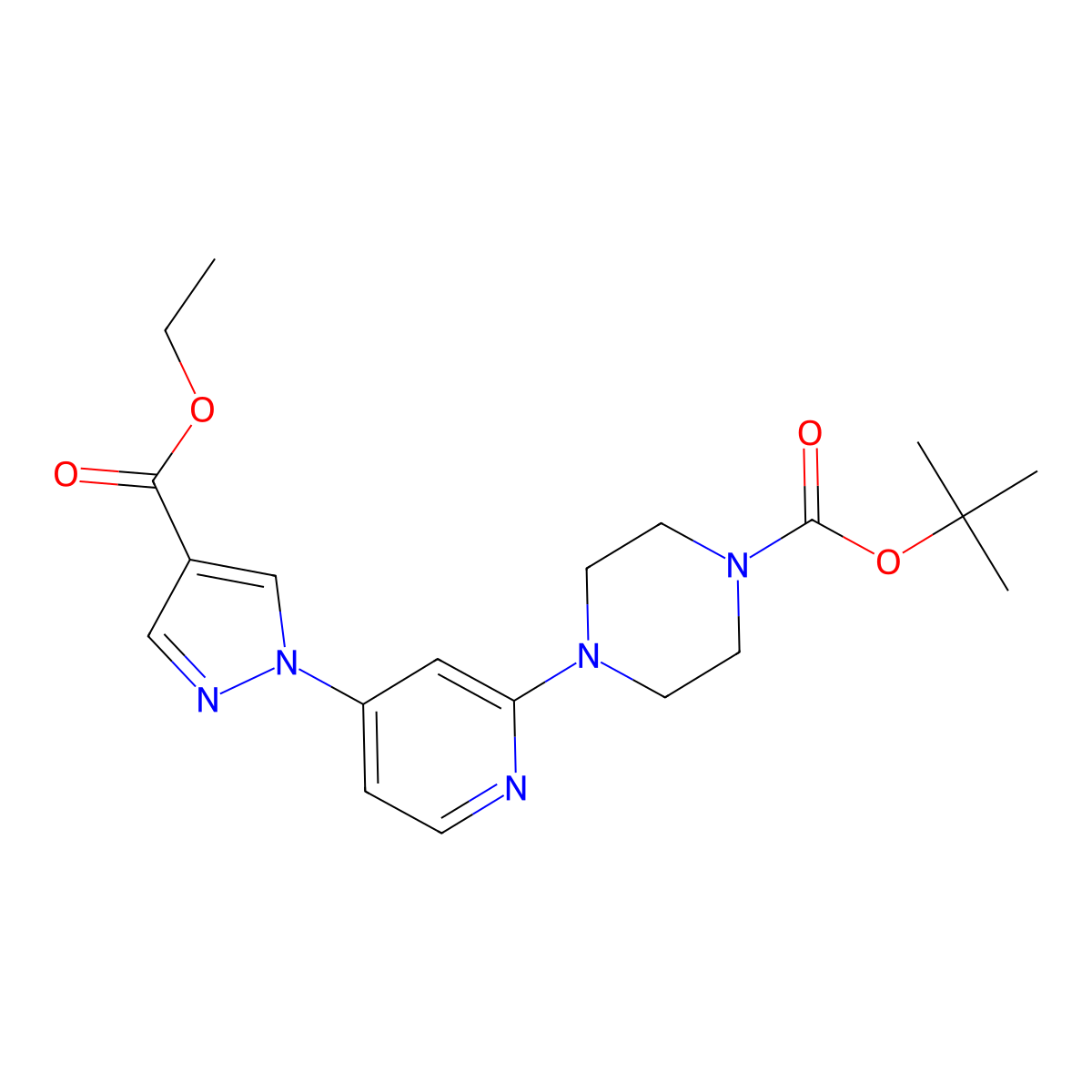 tert-Butyl 4-(4-(4-(ethoxycarbonyl)-1H-pyrazol-1-yl)pyridin-2-yl)piperazine-1-carboxylate molecular structure, CAS 1429309-49-8
