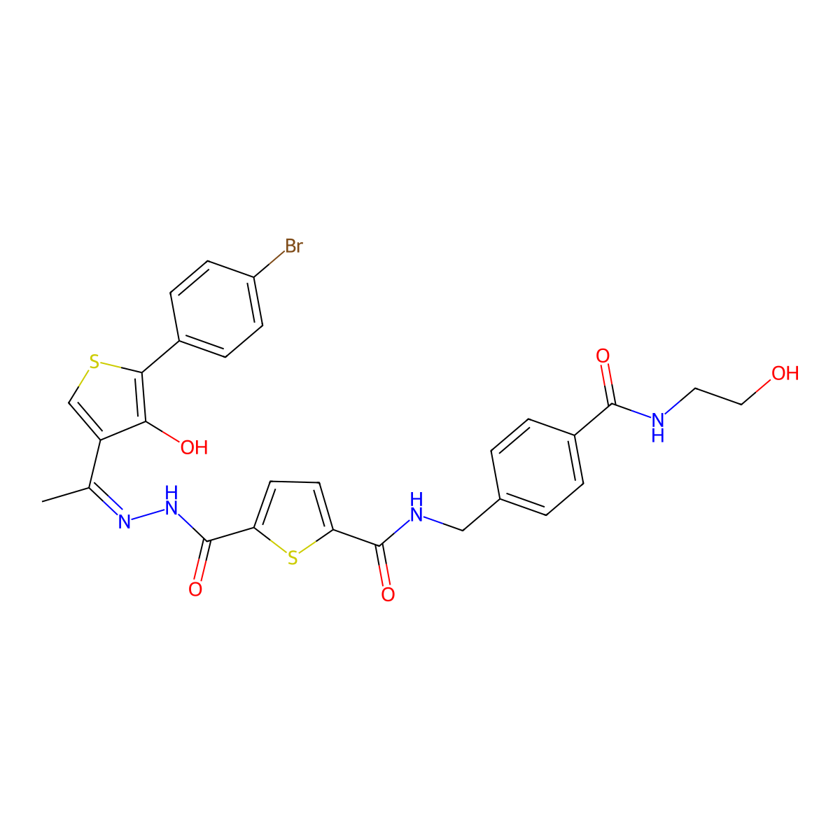 (2E)-2-[1-[5-(4-Bromophenyl)-4-hydroxy-3-thienyl]ethylidene]hydrazide-5-[[[[4-[[(2-hydroxyethyl)amino]carbonyl]phenyl]methyl]amino]carbonyl]-2-thiophenecarboxylic Acid molecular structure, CAS 1429321-13-0