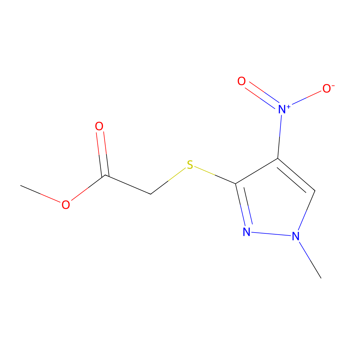 Methyl 2-((1-methyl-4-nitro-1H-pyrazol-3-yl)thio)acetate molecular structure, CAS 1429419-51-1