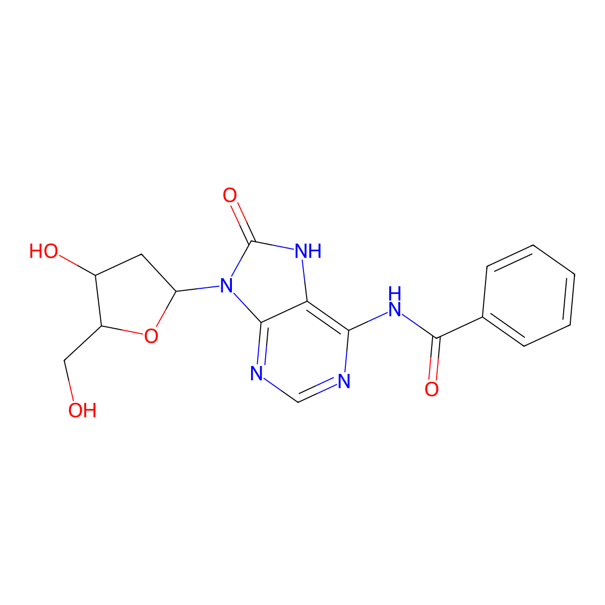 Adenosine, N-benzoyl-2'-deoxy-7,8-dihydro-8-oxo- molecular structure, CAS 142948-08-1