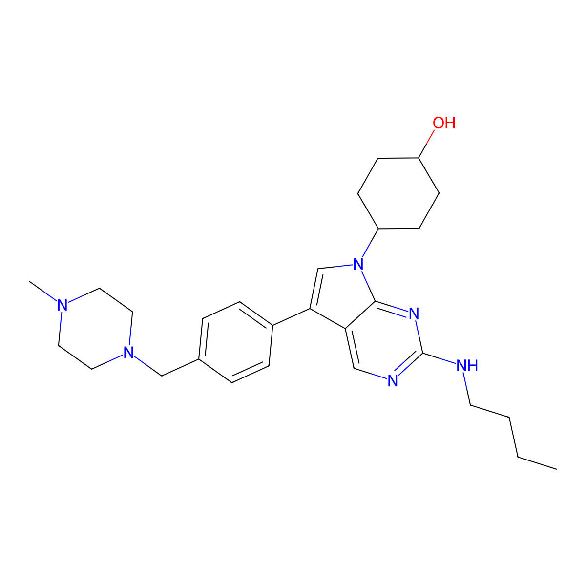 trans-4-(2-(Butylamino)-5-(4-((4-methylpiperazin-1-yl)methyl)phenyl)-7H-pyrrolo[2,3-d]pyrimidin-7-yl)cyclohexanol molecular structure, CAS 1429881-91-3