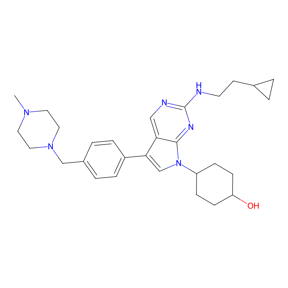 4-(2-(2-Cyclopropylethylamino)-5-(4-((4-methylpiperazin-1-yl)methyl)phenyl)pyrrolo(2,3-d)pyrimidin-7-yl)cyclohexan-1-ol molecular structure, CAS 1429882-07-4
