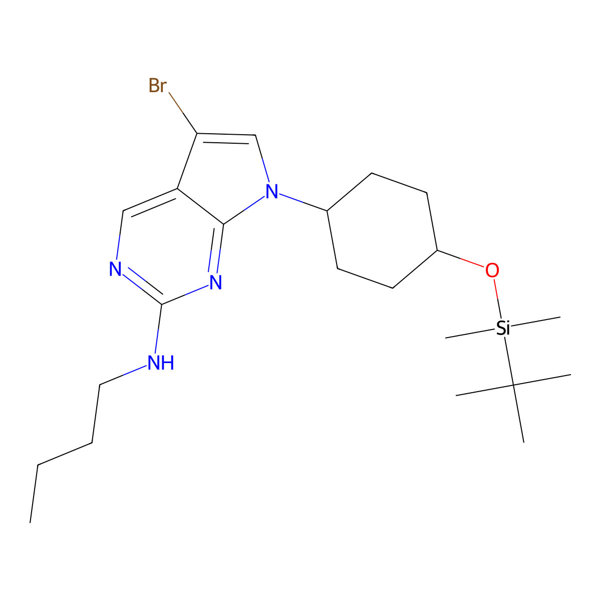 5-Bromo-N-butyl-7-[trans-4-[[(1,1-dimethylethyl)dimethylsilyl]oxy]cyclohexyl]-7H-pyrrolo[2,3-d]pyrimidin-2-amine molecular structure, CAS 1429882-29-0