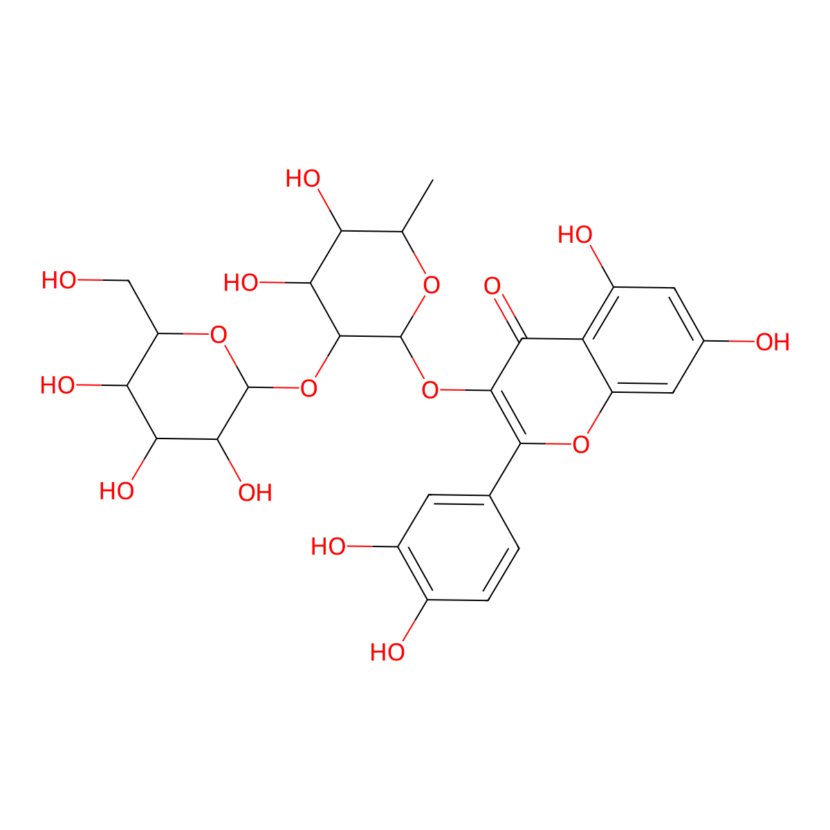 3-((6-Deoxy-2-O-beta-D-glucopyranosyl-alpha-L-mannopyranosyl)oxy)-2-(3,4-dihydroxyphenyl)-5,7-dihydroxy-4H-1-benzopyran-4-one molecular structure, CAS 143016-74-4