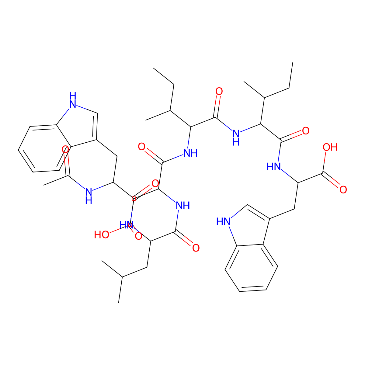 (3S)-3-[[(2S)-2-[[(2R)-2-Acetamido-3-(1H-indol-3-yl)propanoyl]amino]-4-methylpentanoyl]amino]-4-[[(2S,3S)-1-[[(2S,3S)-1-[[(1S)-1-carboxy-2-(1H-indol-3-yl)ethyl]amino]-3-methyl-1-oxopentan-2-yl]amino]-3-methyl-1-oxopentan-2-yl]amino]-4-oxobutanoic acid molecular structure, CAS 143037-33-6