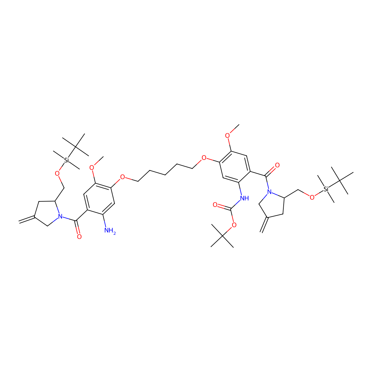 tert-Butyl (5-((5-(5-amino-4-((S)-2-(((tert-butyldimethylsilyl)oxy)methyl)-4-methylenepyrrolidine-1-carbonyl)-2-methoxyphenoxy)pentyl)oxy)-2-((S)-2-(((tert-butyldimethylsilyl)oxy)methyl)-4-methylenepyrrolidine-1-carbonyl)-4-methoxyphenyl)carbamate molecular structure, CAS 1430463-95-8
